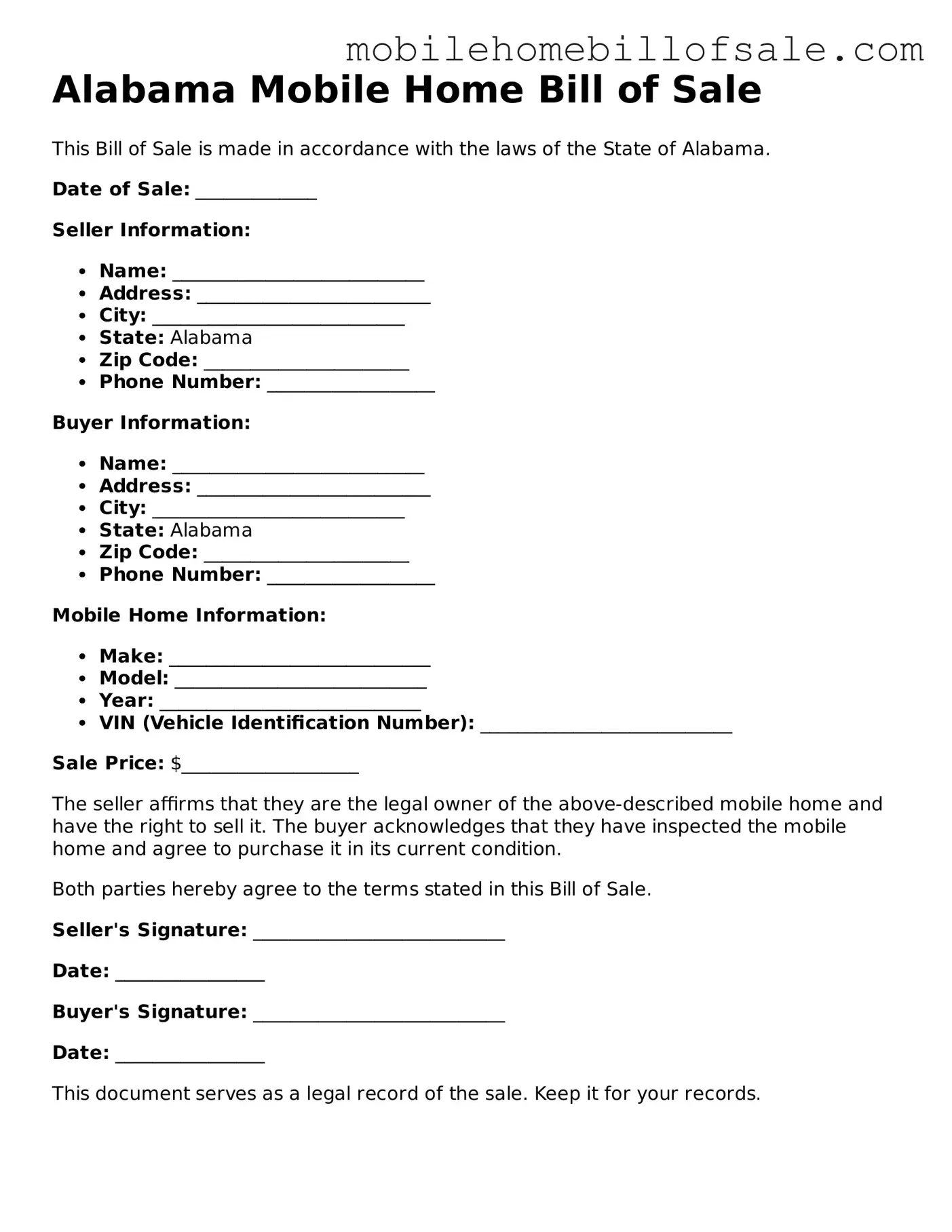 Blank Alabama Mobile Home Bill of Sale Document