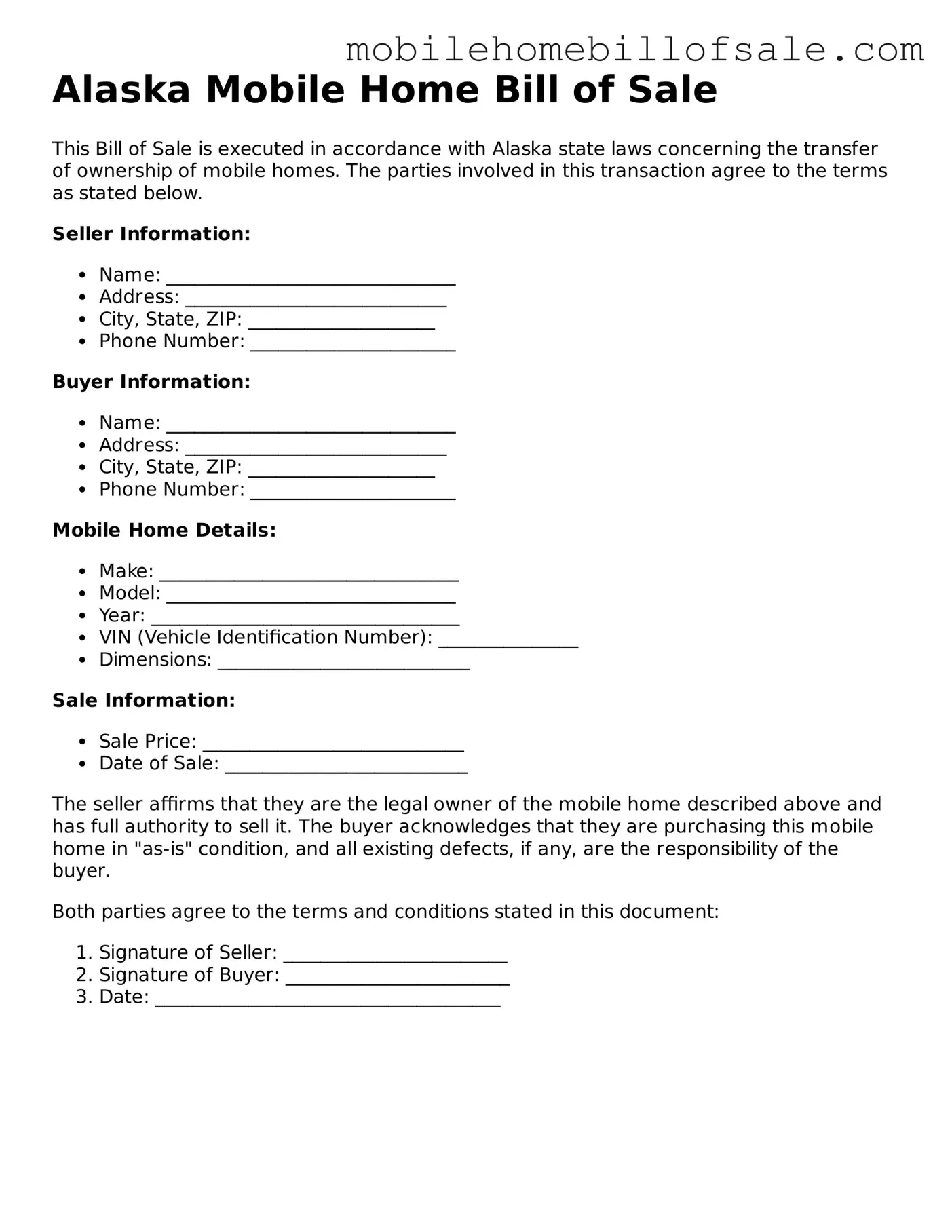 Blank Alaska Mobile Home Bill of Sale Document
