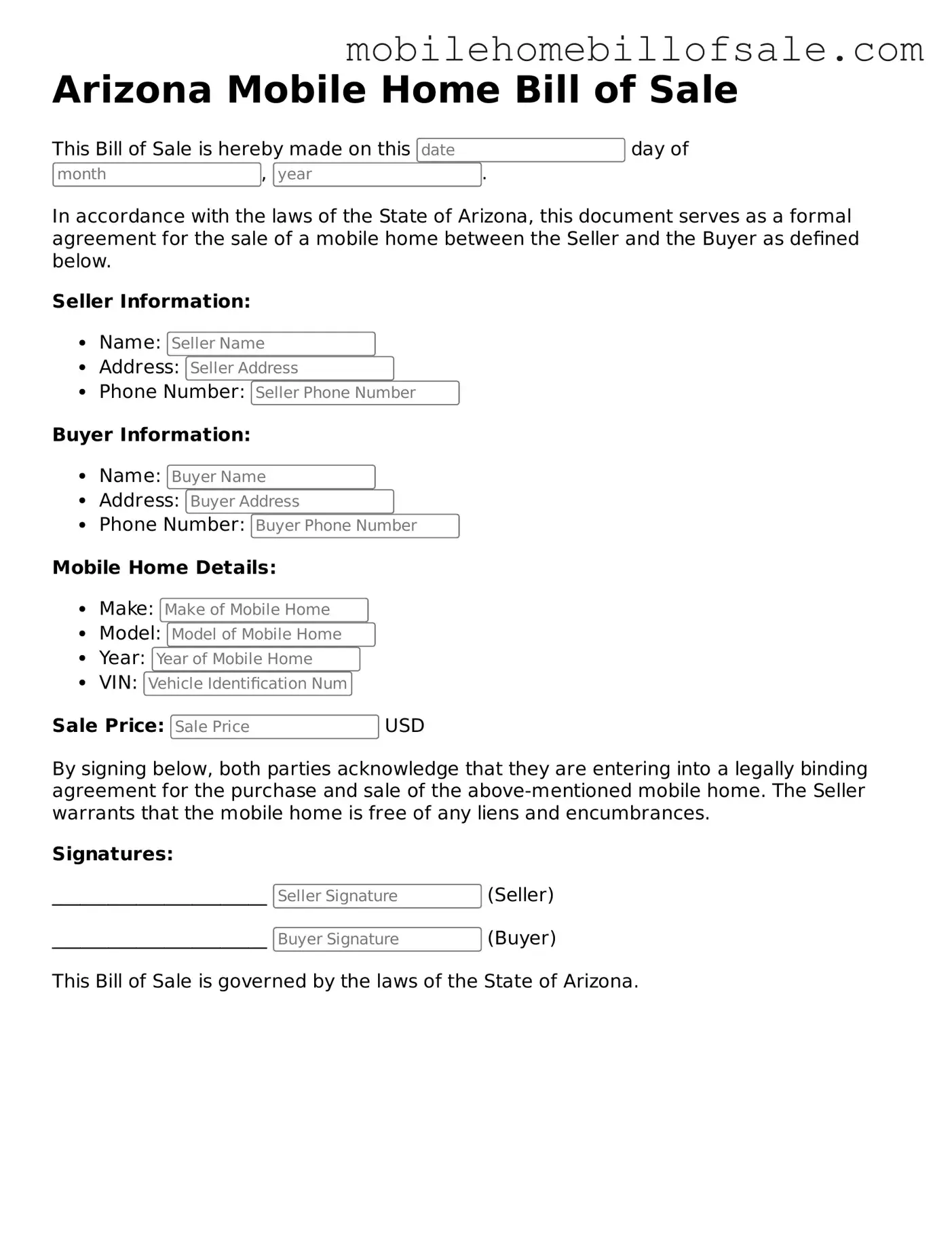 Blank Arizona Mobile Home Bill of Sale Document