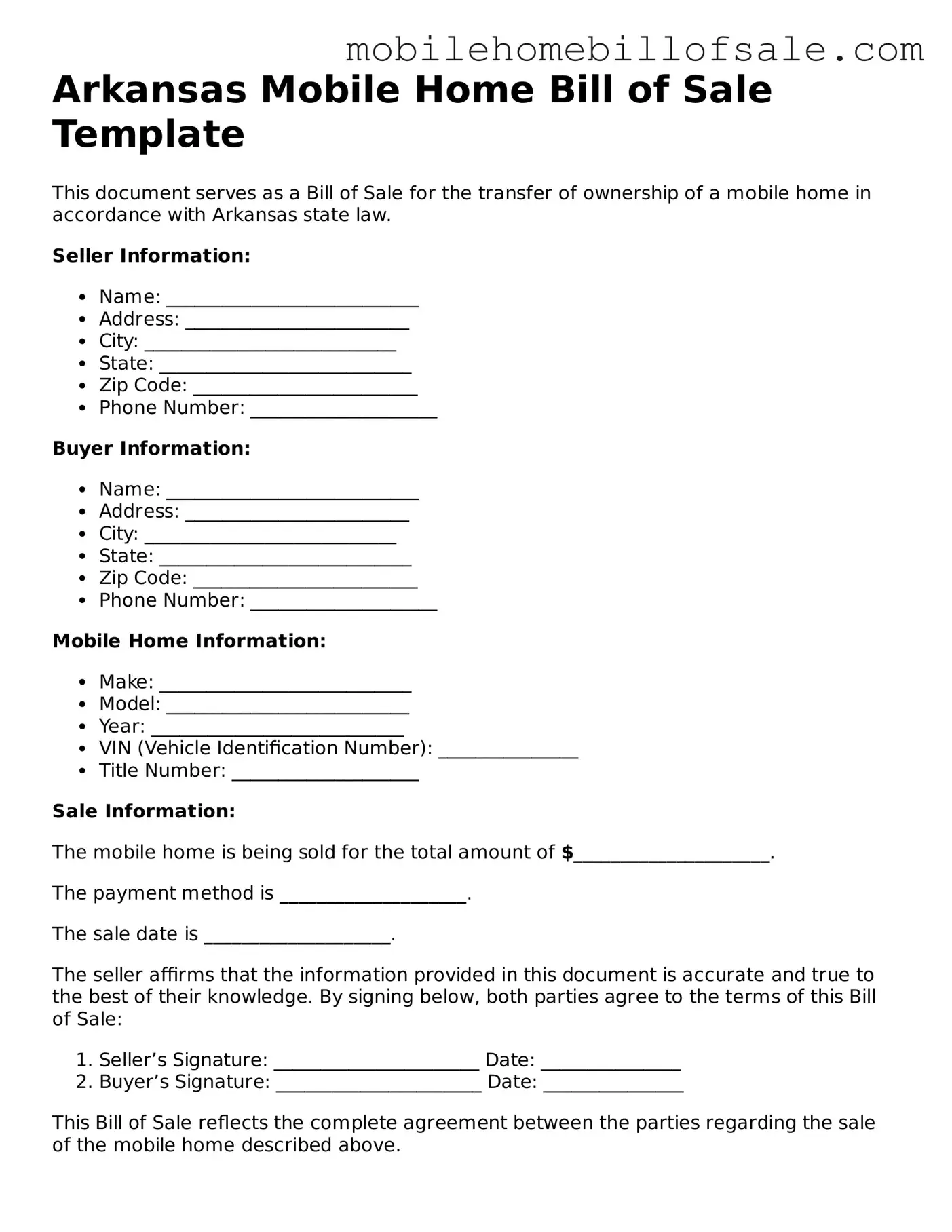 Blank Arkansas Mobile Home Bill of Sale Document