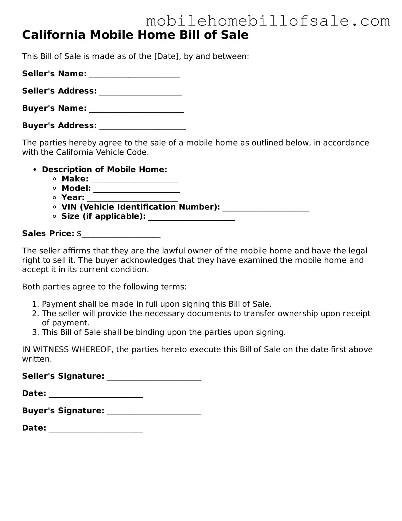 Blank California Mobile Home Bill of Sale Document