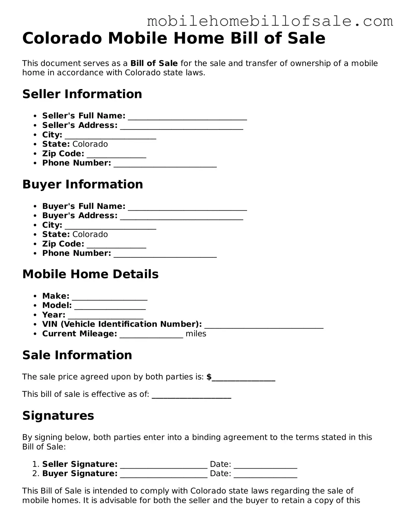 Blank Colorado Mobile Home Bill of Sale Document