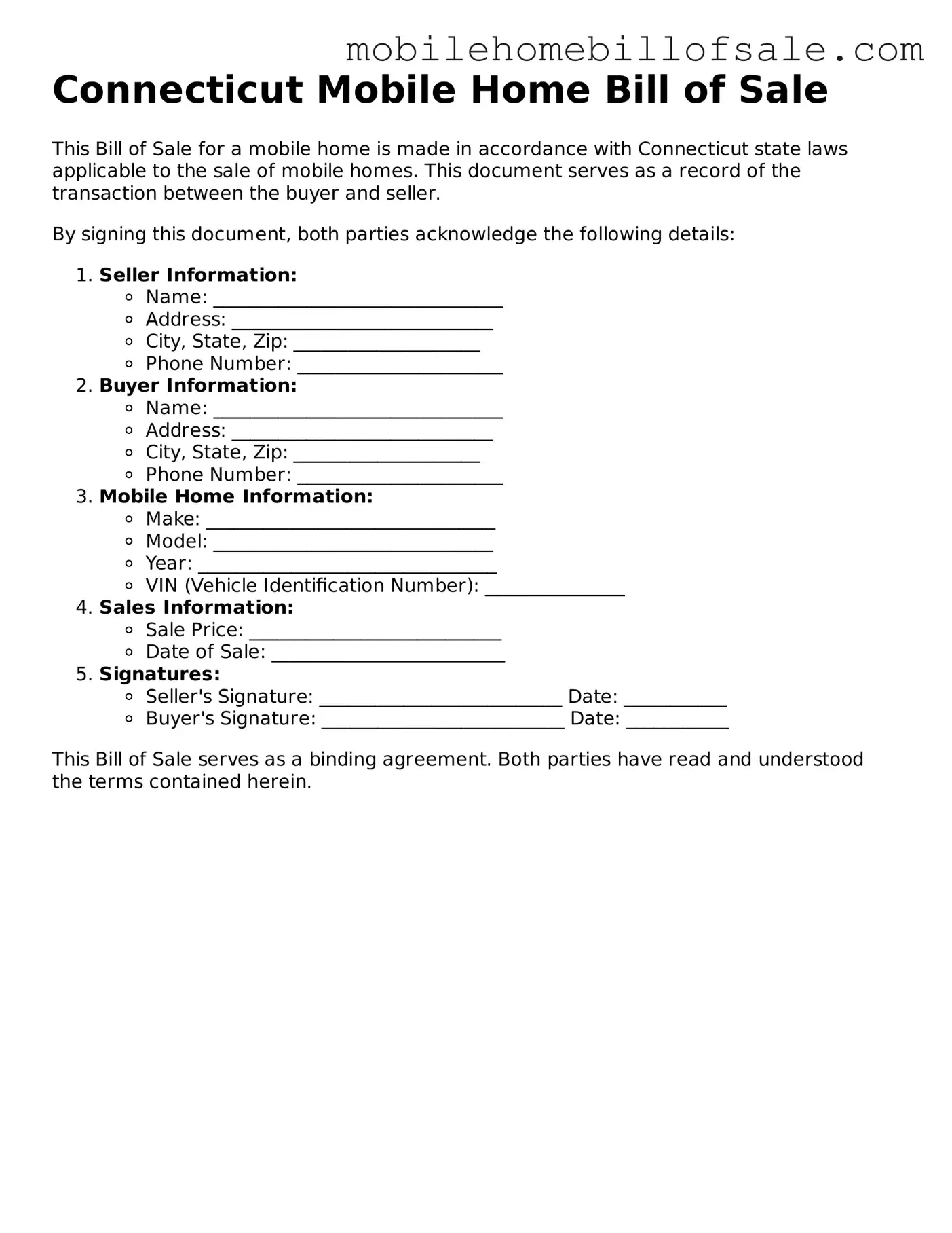 Blank Connecticut Mobile Home Bill of Sale Document