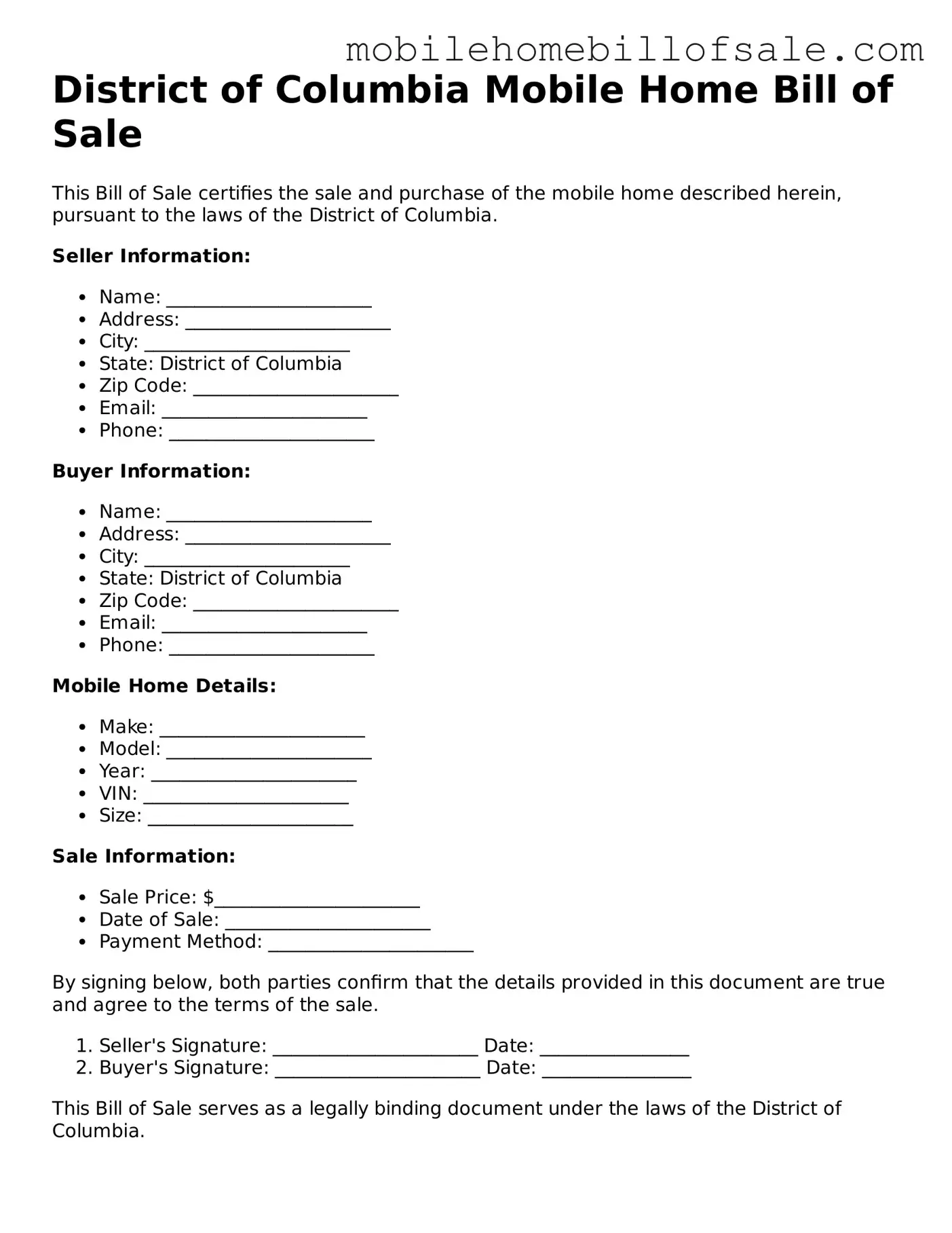 Blank District of Columbia Mobile Home Bill of Sale Document