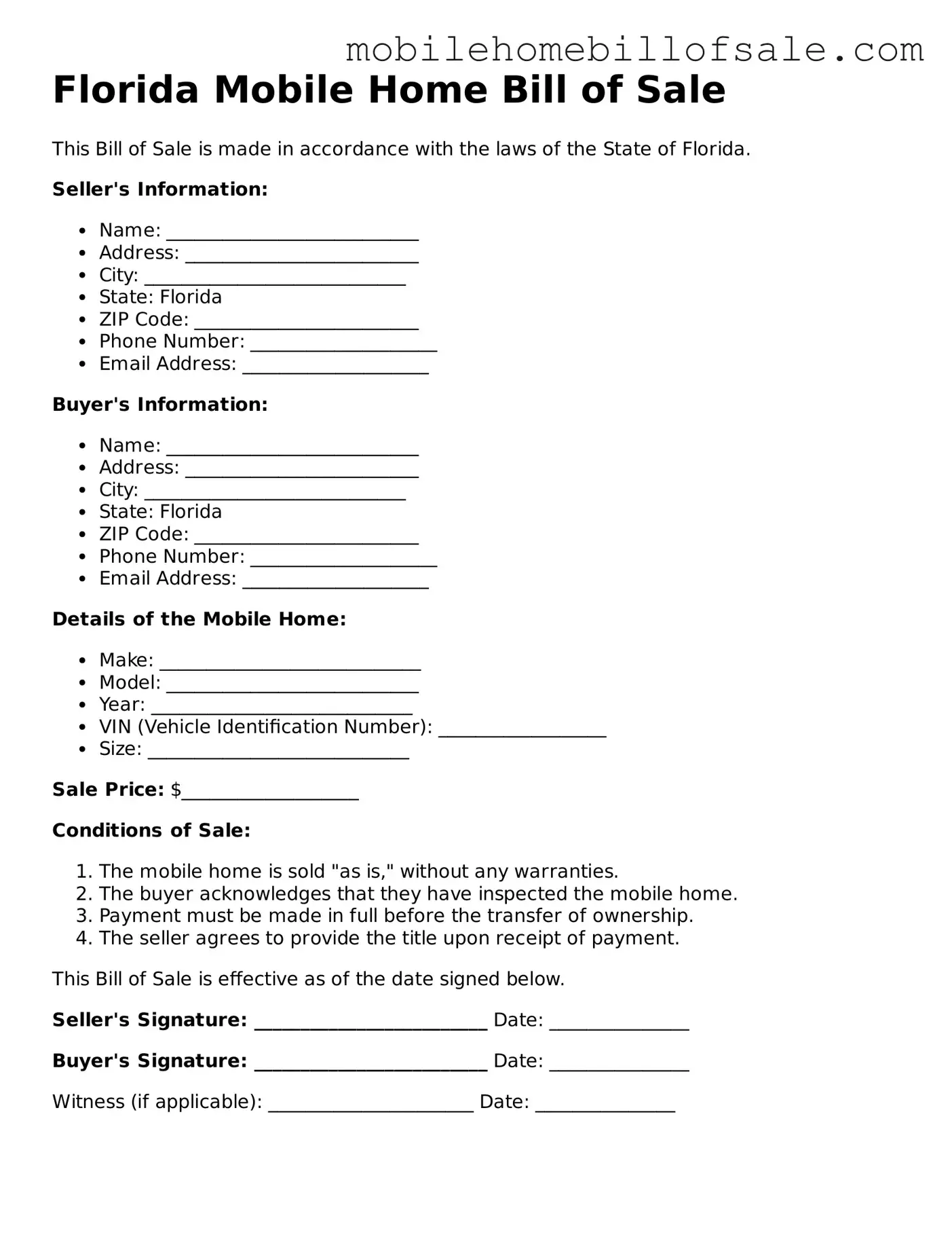 Blank Florida Mobile Home Bill of Sale Document