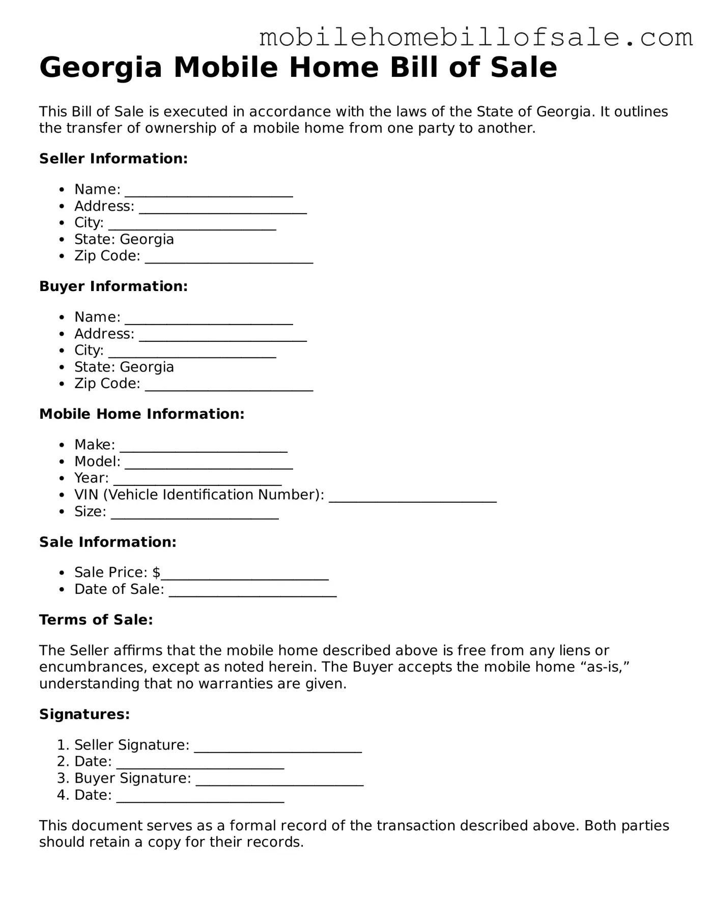 Blank Georgia Mobile Home Bill of Sale Document