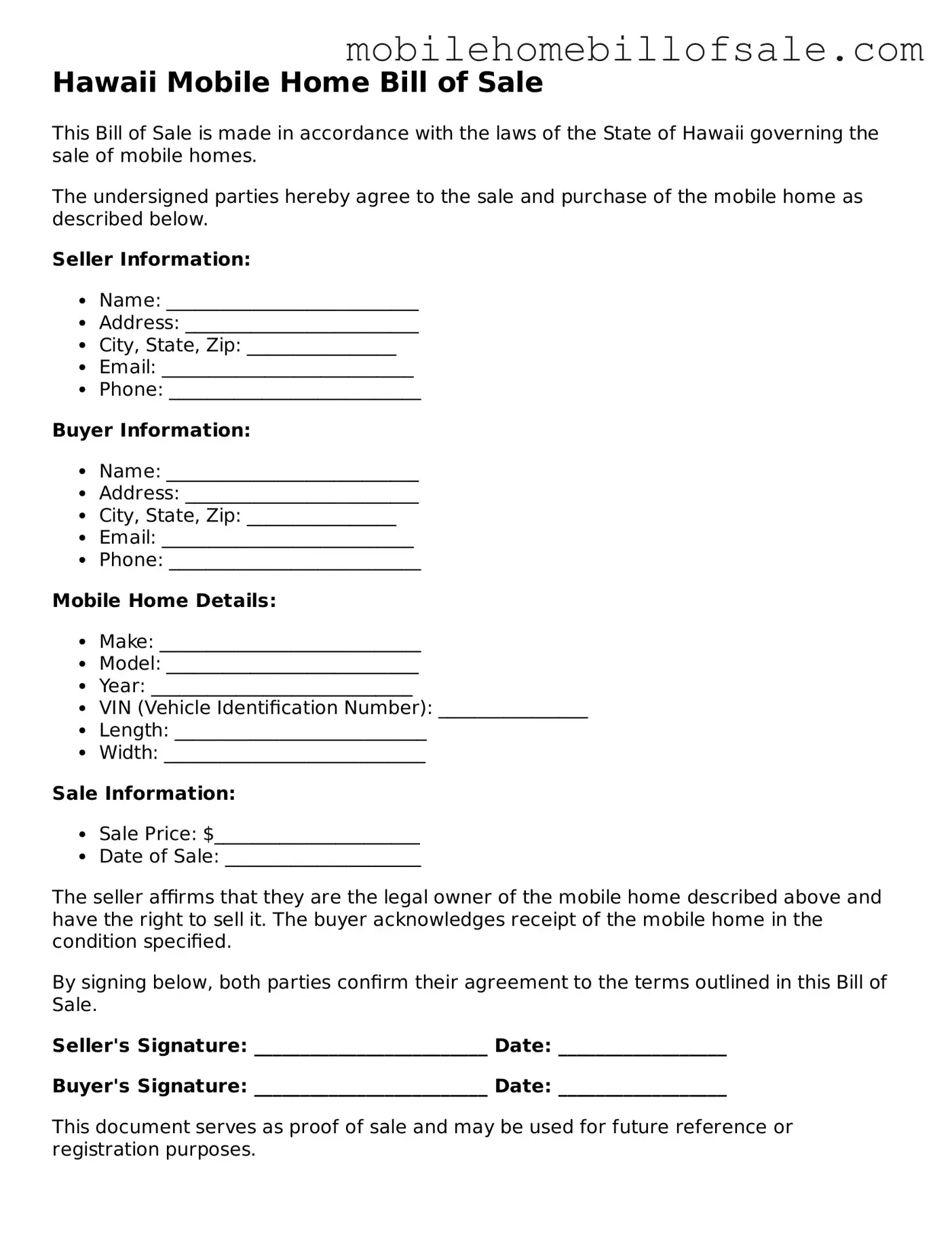 Blank Hawaii Mobile Home Bill of Sale Document
