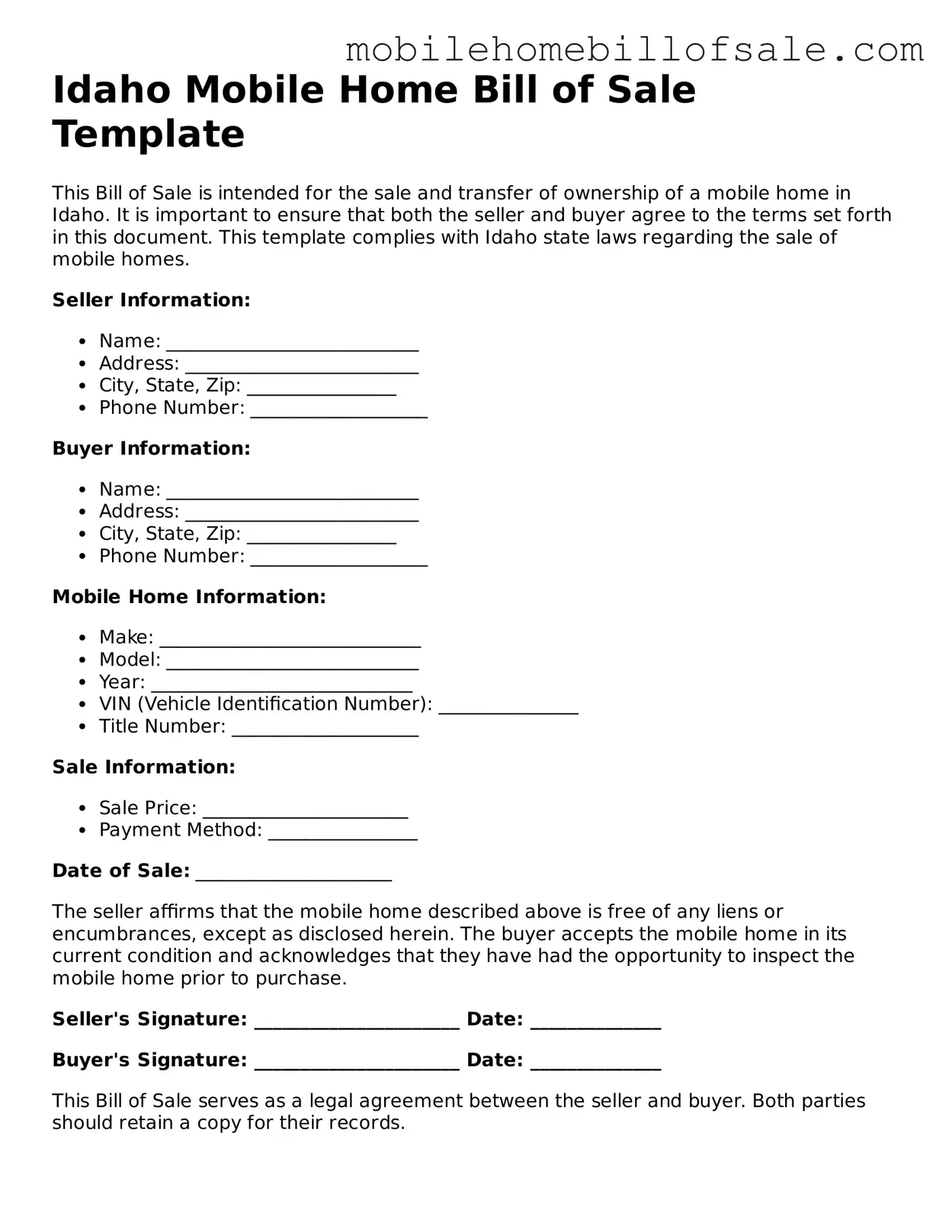 Blank Idaho Mobile Home Bill of Sale Document