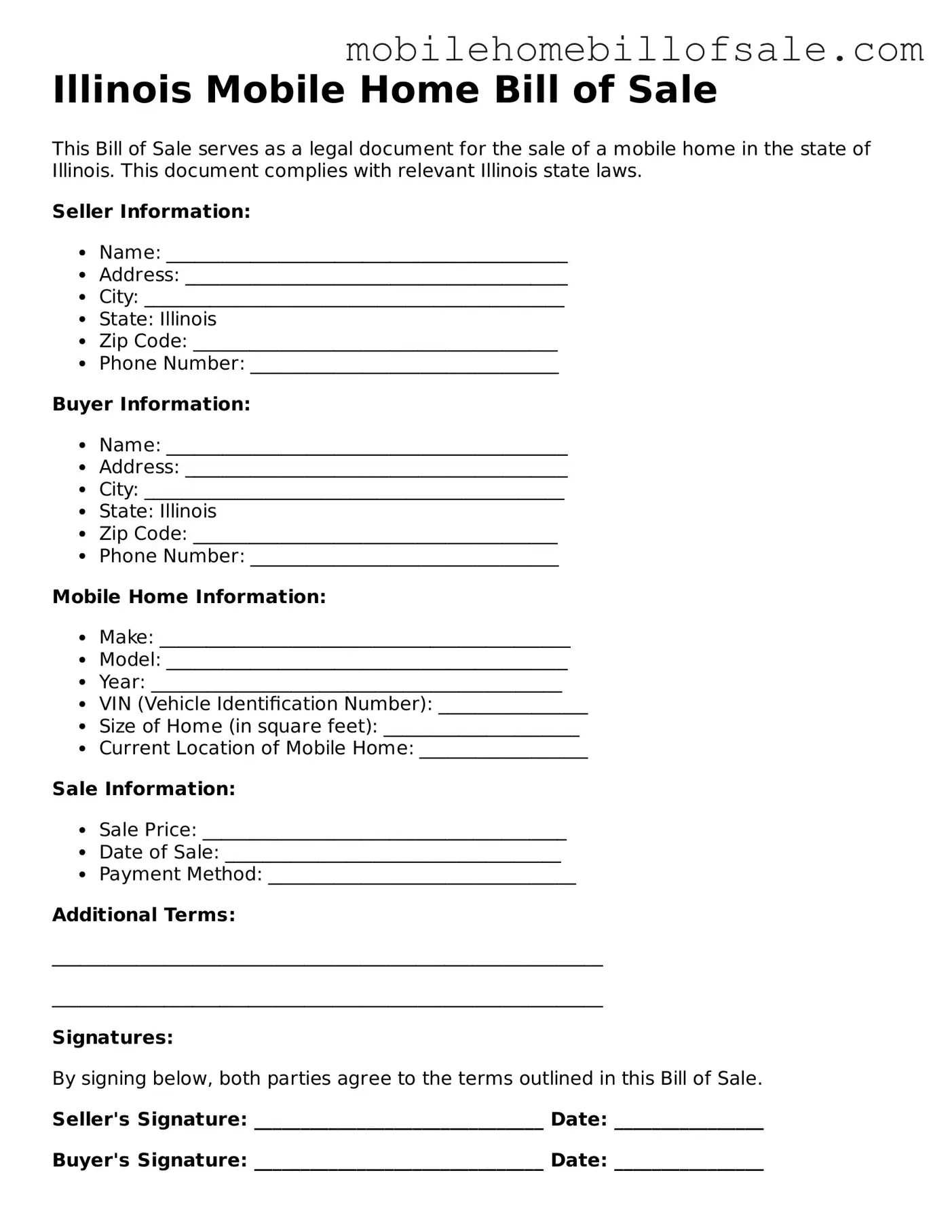 Blank Illinois Mobile Home Bill of Sale Document