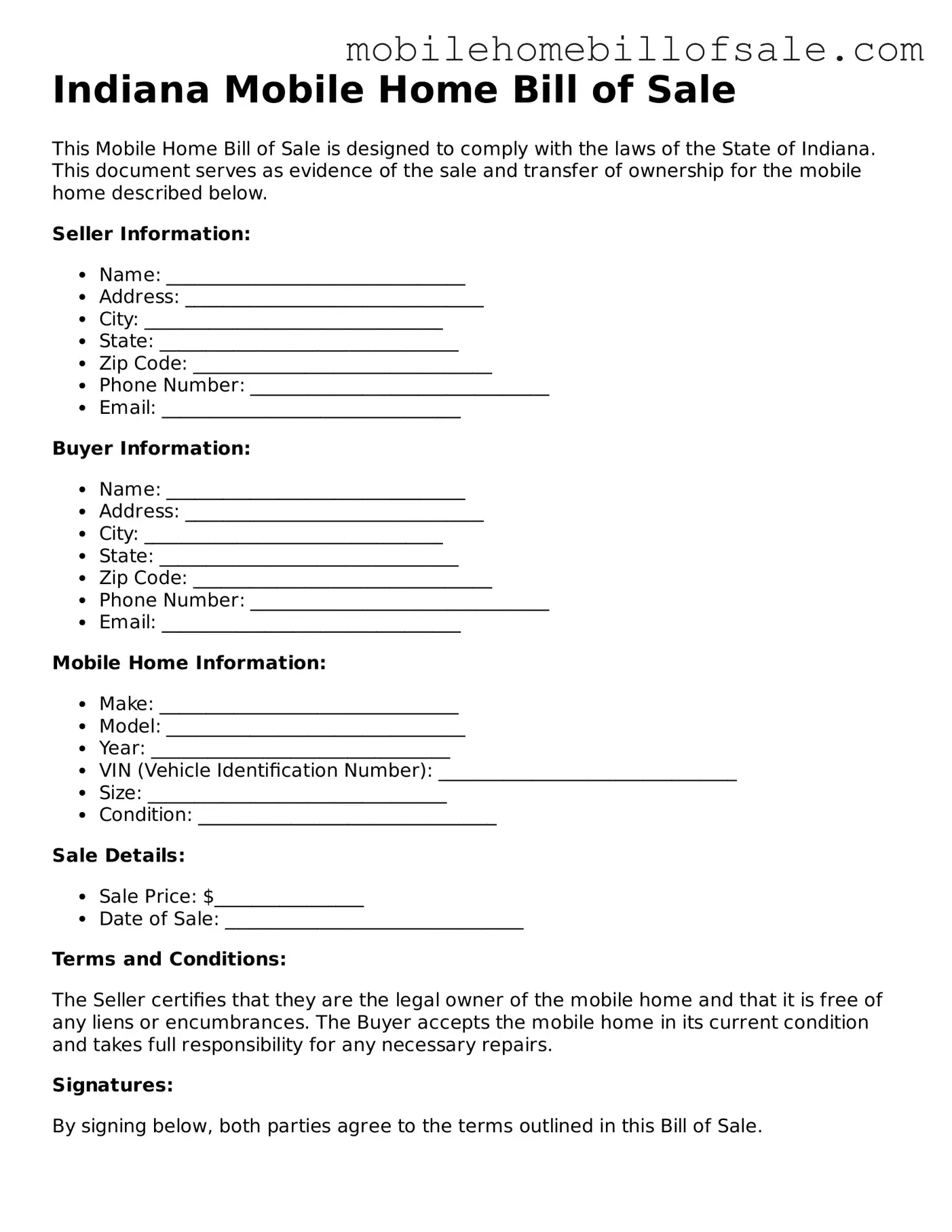 Blank Indiana Mobile Home Bill of Sale Document