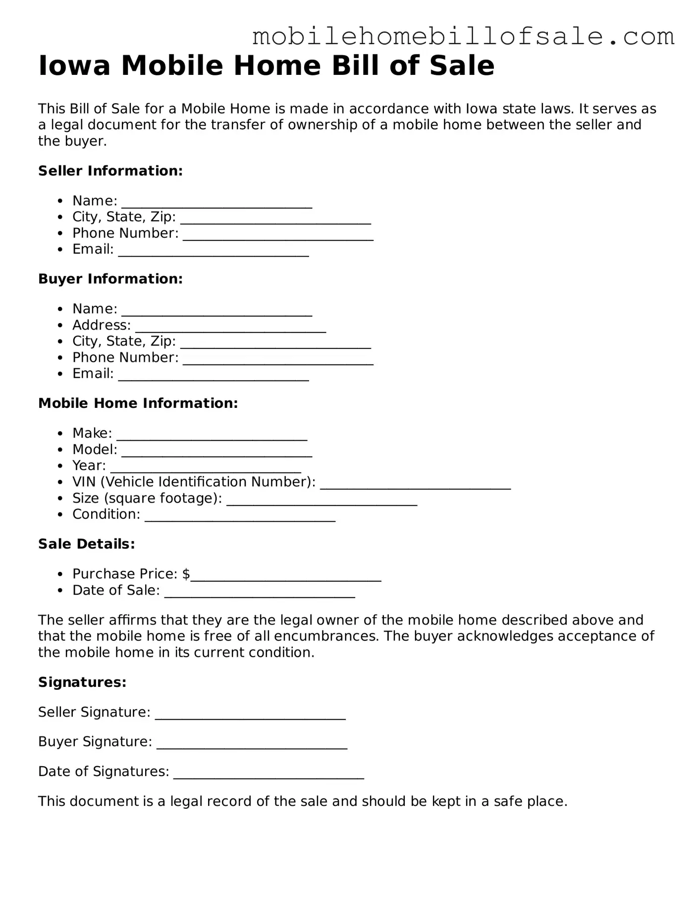 Blank Iowa Mobile Home Bill of Sale Document