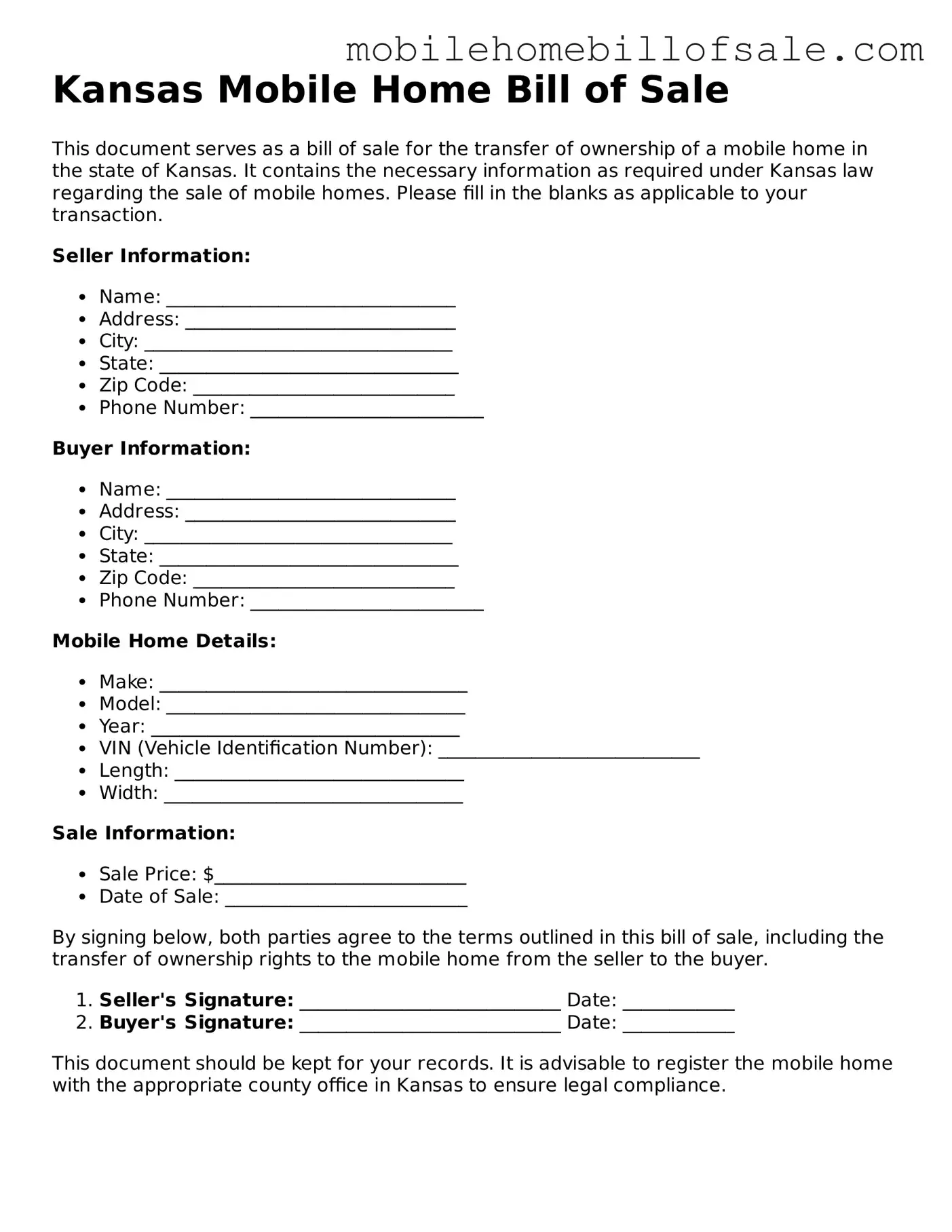 Blank Kansas Mobile Home Bill of Sale Document