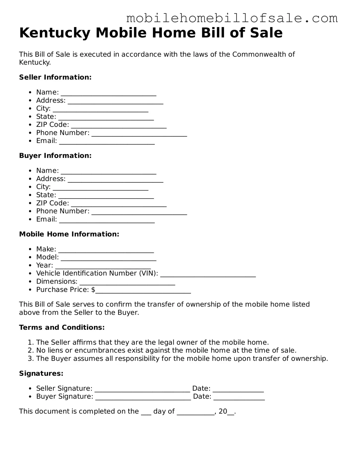 Blank Kentucky Mobile Home Bill of Sale Document