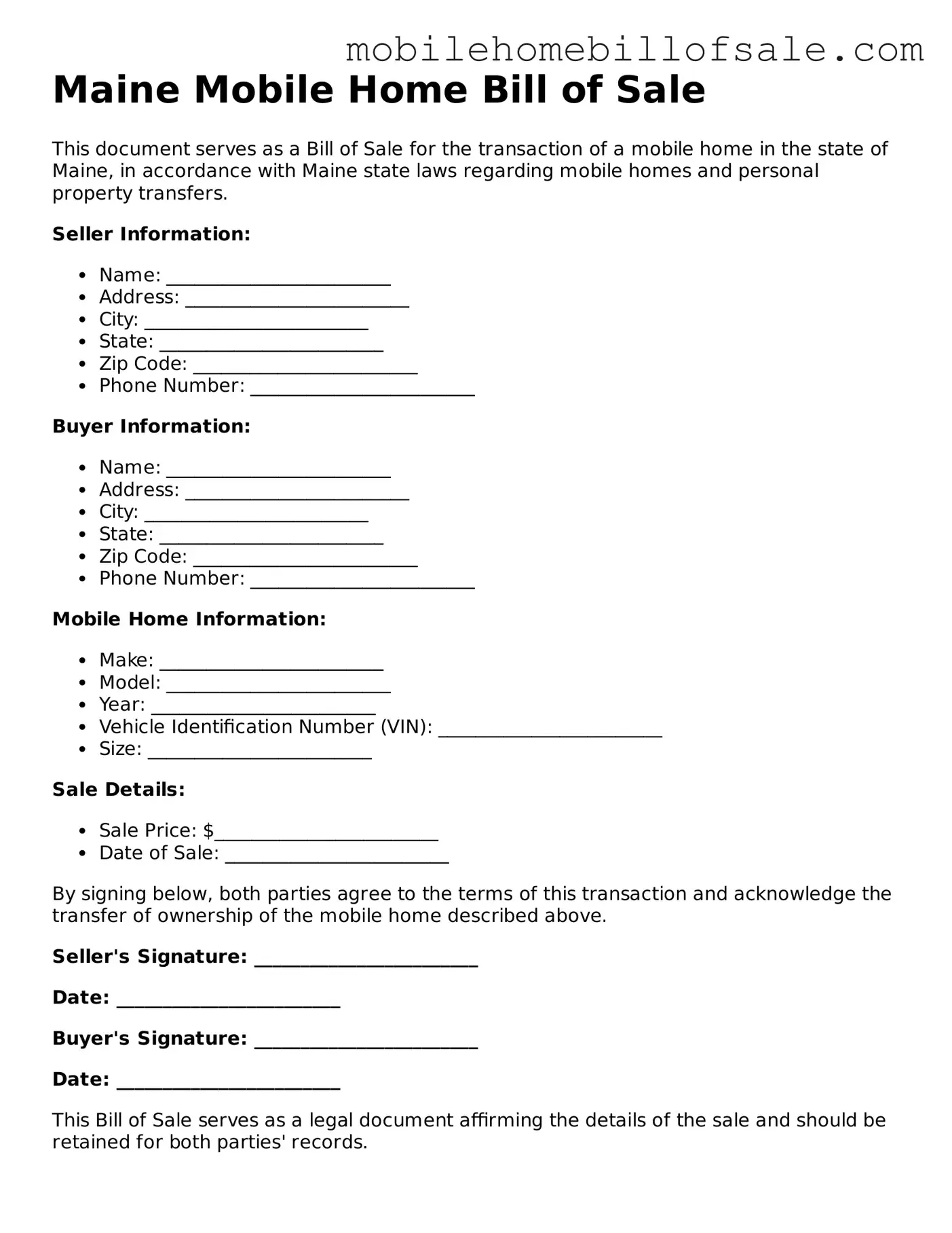 Blank Maine Mobile Home Bill of Sale Document