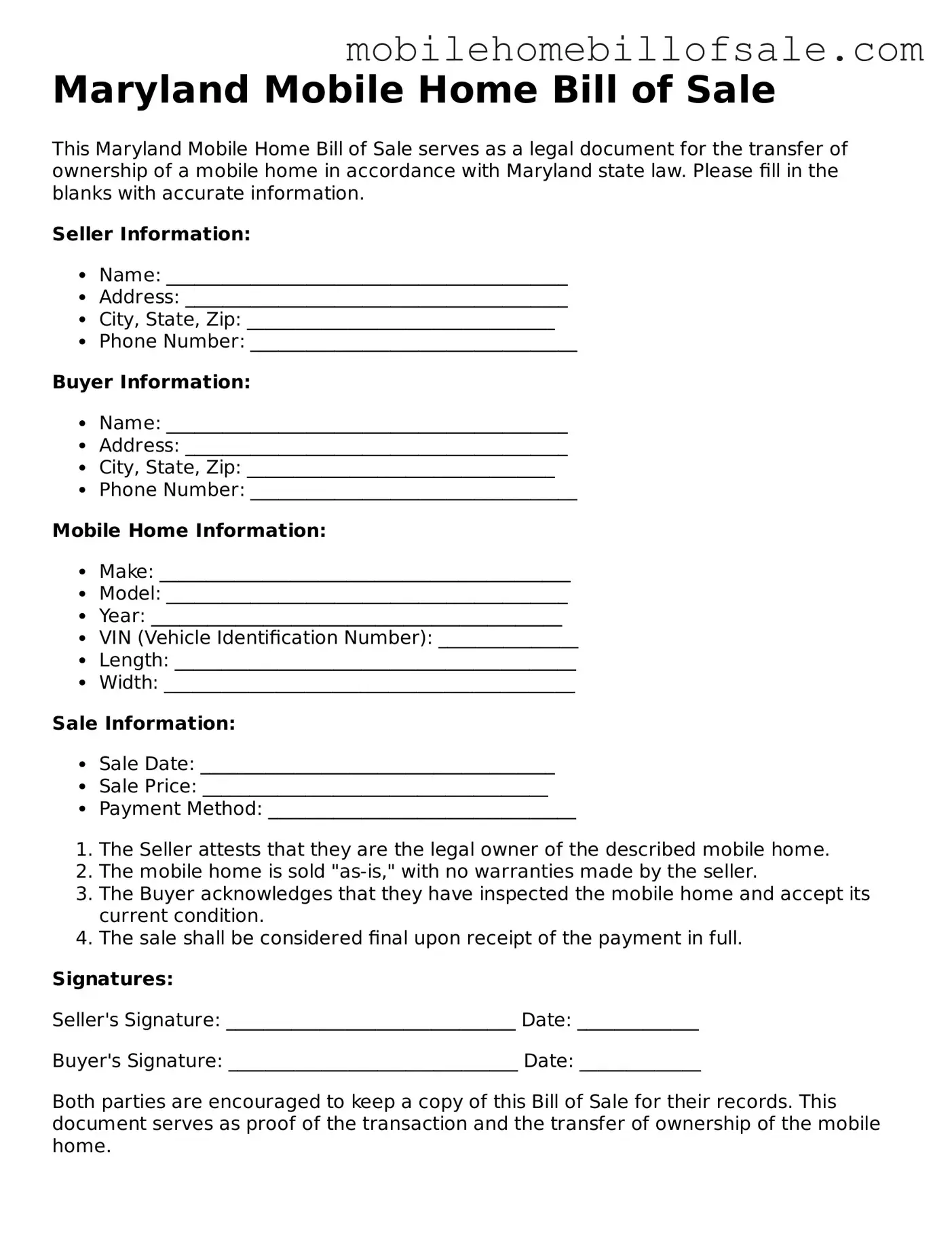 Blank Maryland Mobile Home Bill of Sale Document