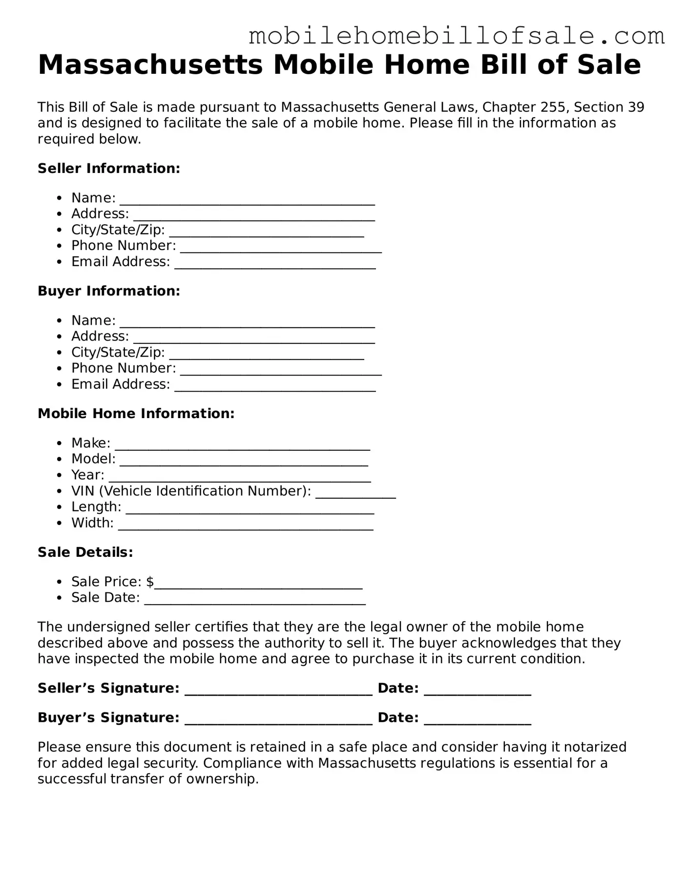 Blank Massachusetts Mobile Home Bill of Sale Document