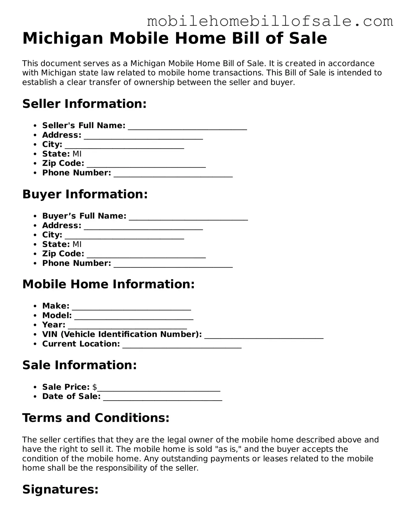 Blank Michigan Mobile Home Bill of Sale Document