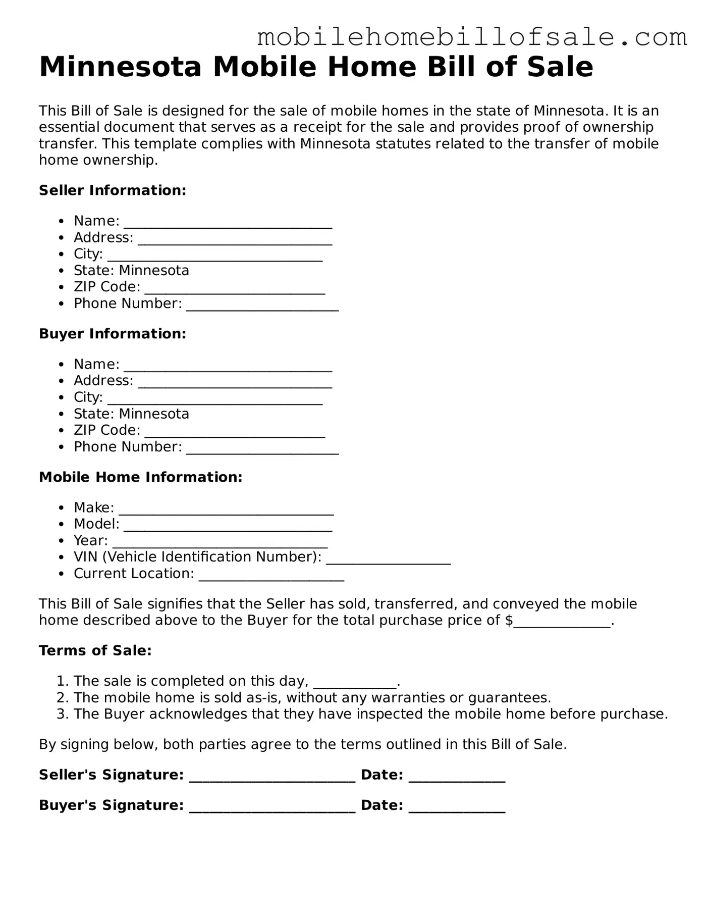 Blank Minnesota Mobile Home Bill of Sale Document