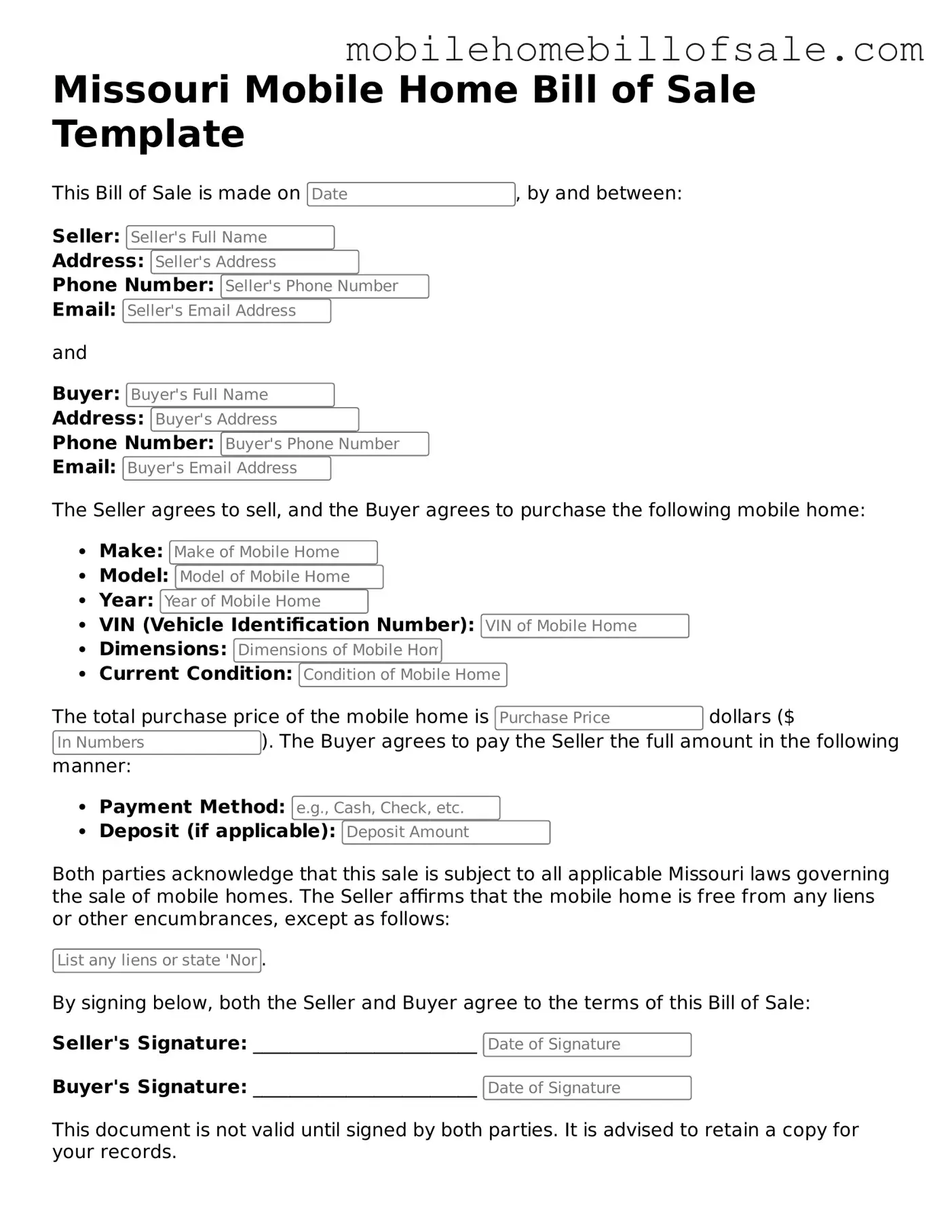 Blank Missouri Mobile Home Bill of Sale Document