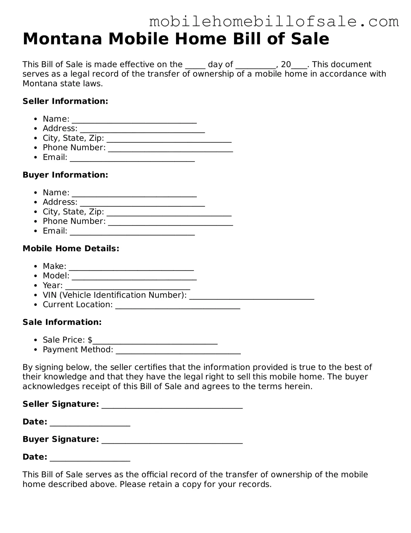 Blank Montana Mobile Home Bill of Sale Document