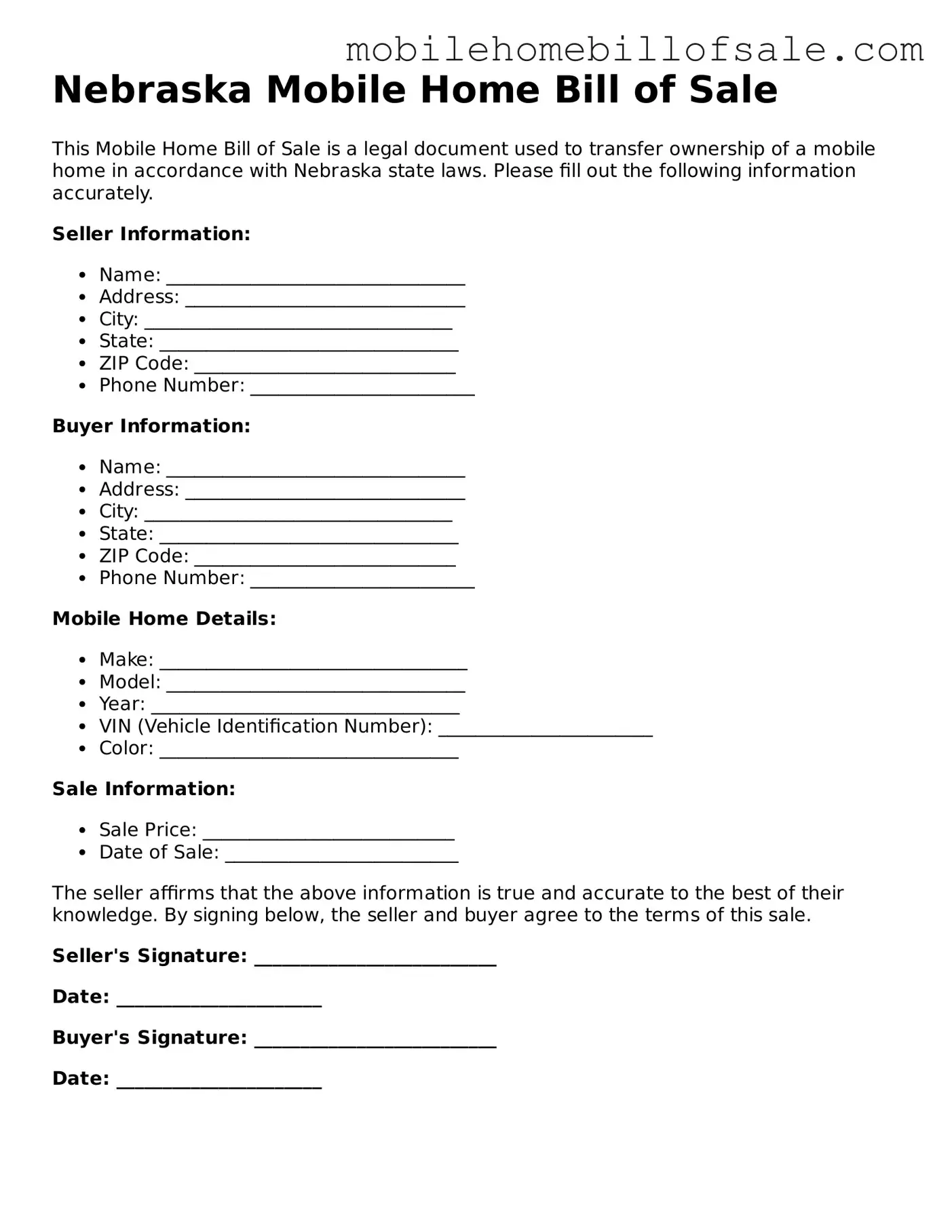 Blank Nebraska Mobile Home Bill of Sale Document