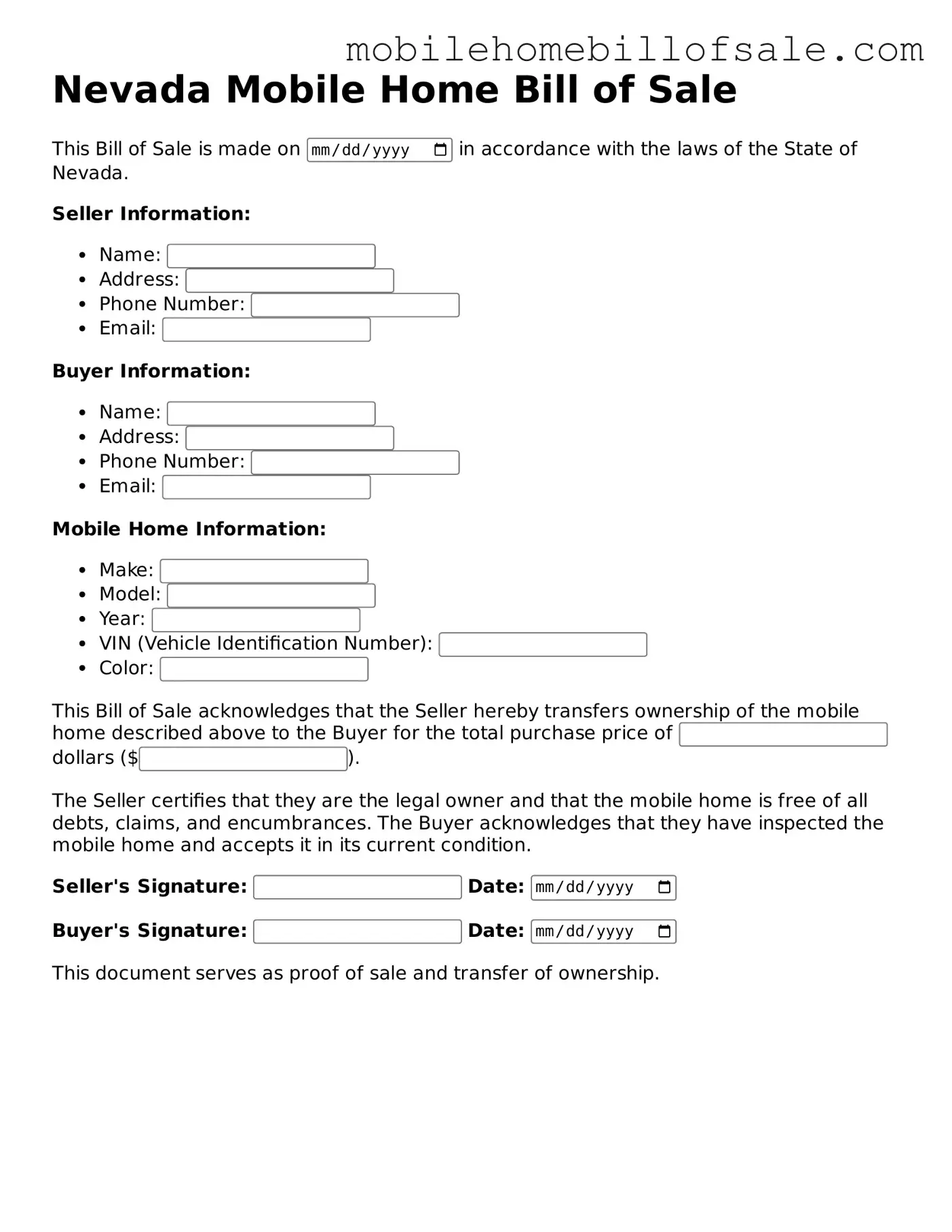 Blank Nevada Mobile Home Bill of Sale Document
