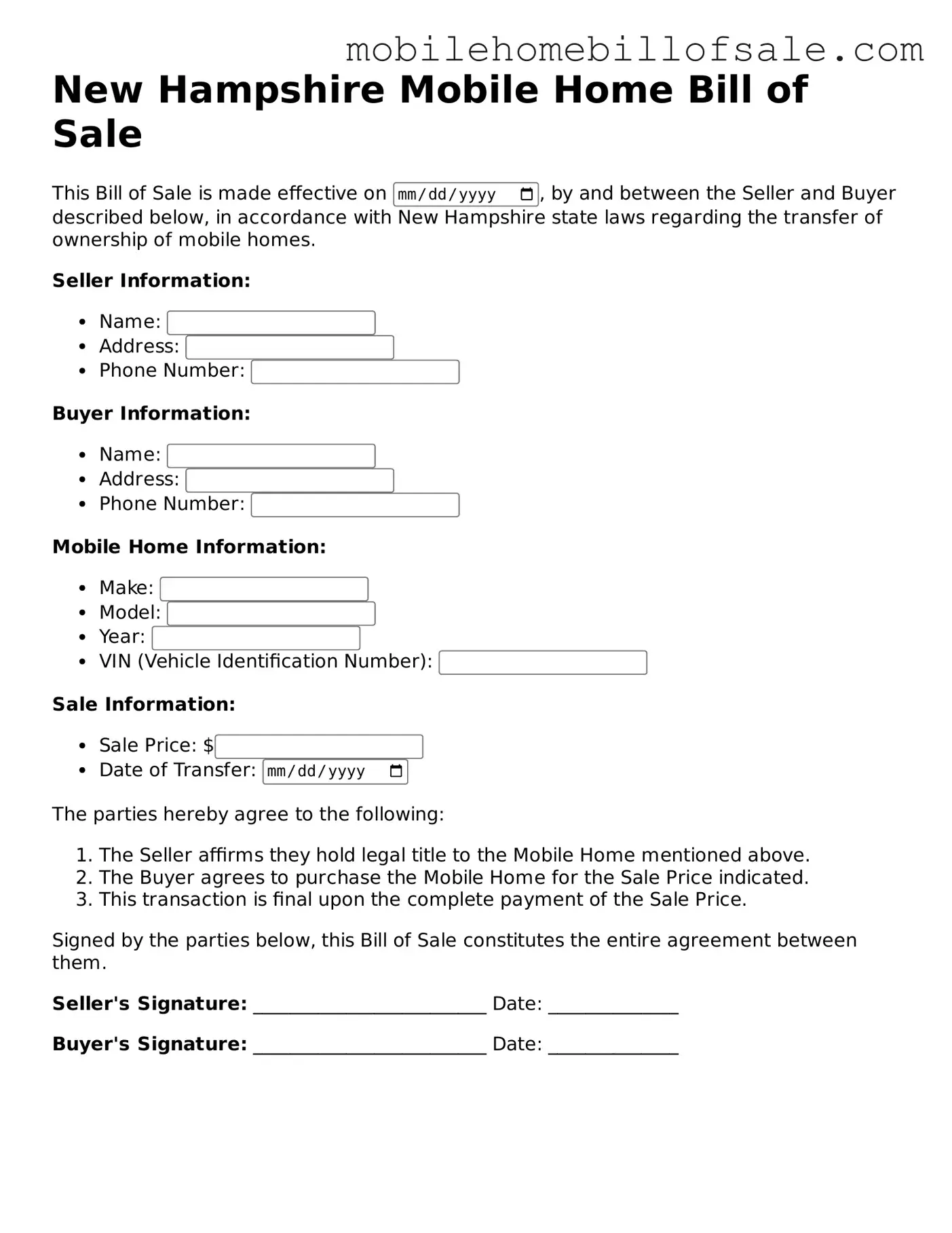 Blank New Hampshire Mobile Home Bill of Sale Document