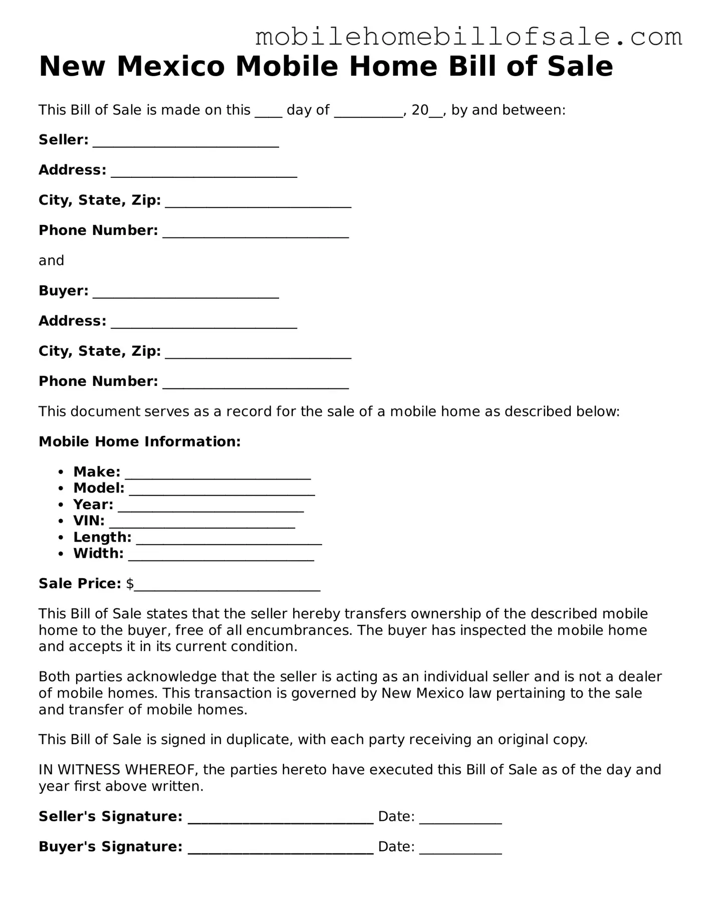 Blank New Mexico Mobile Home Bill of Sale Document