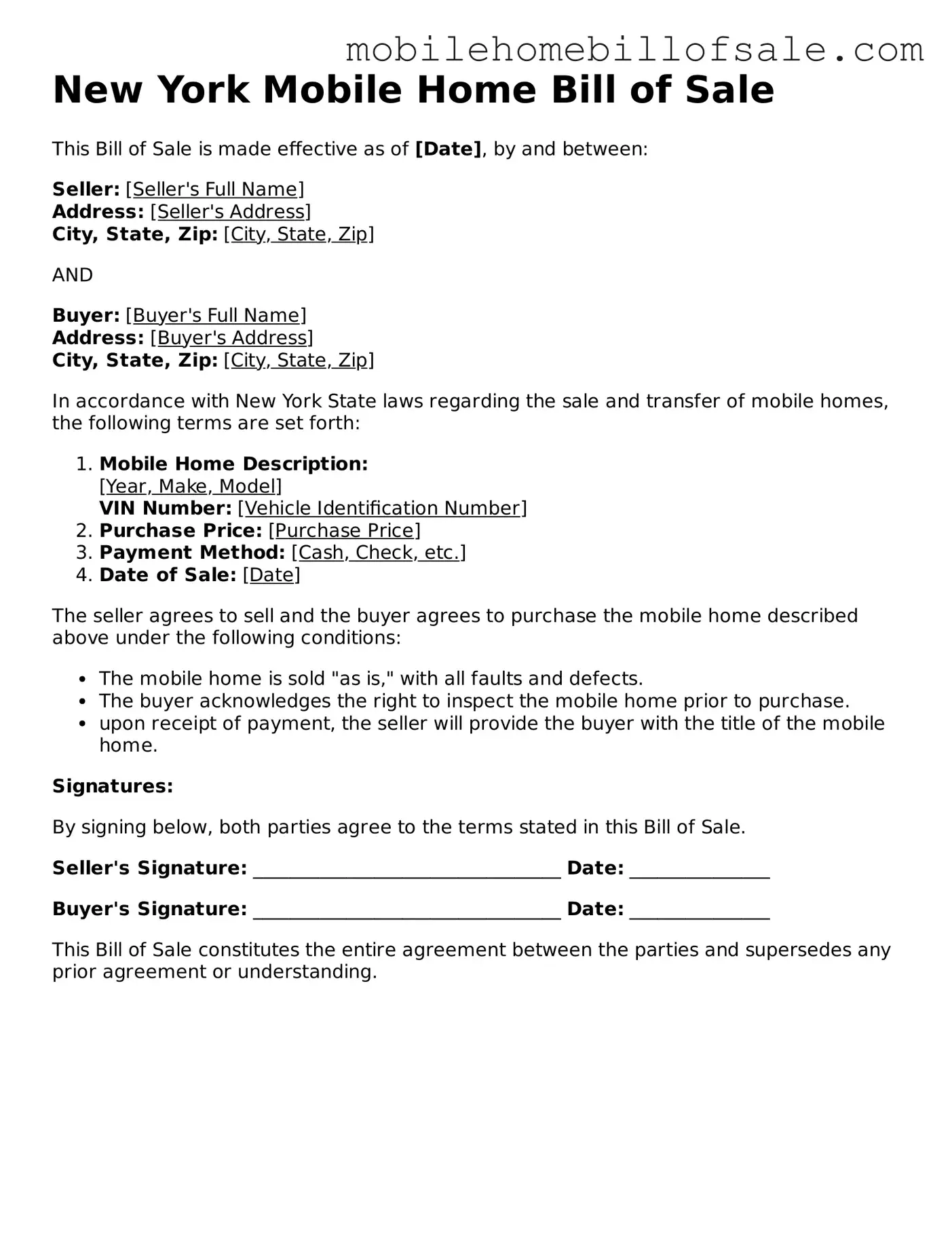 Blank New York Mobile Home Bill of Sale Document