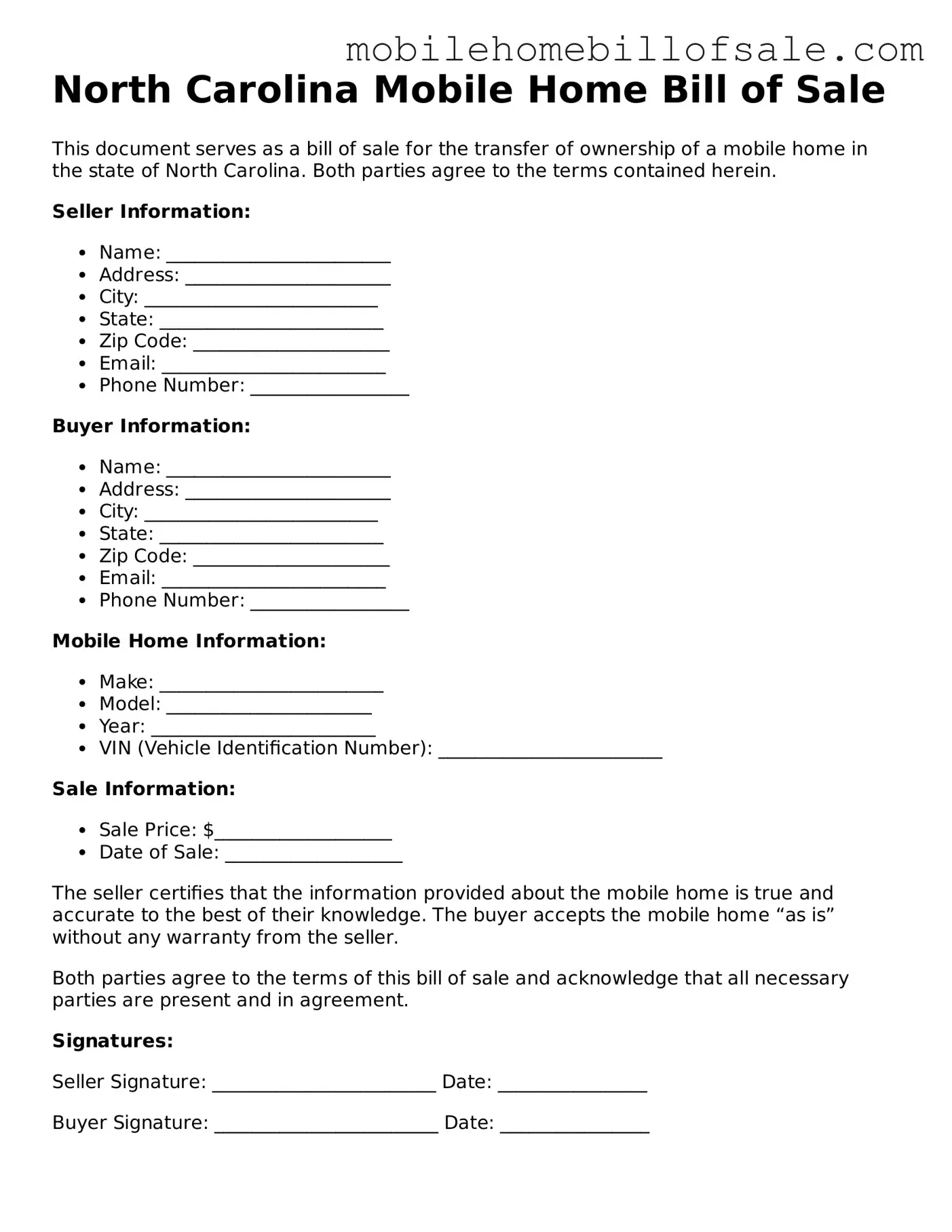 Blank North Carolina Mobile Home Bill of Sale Document