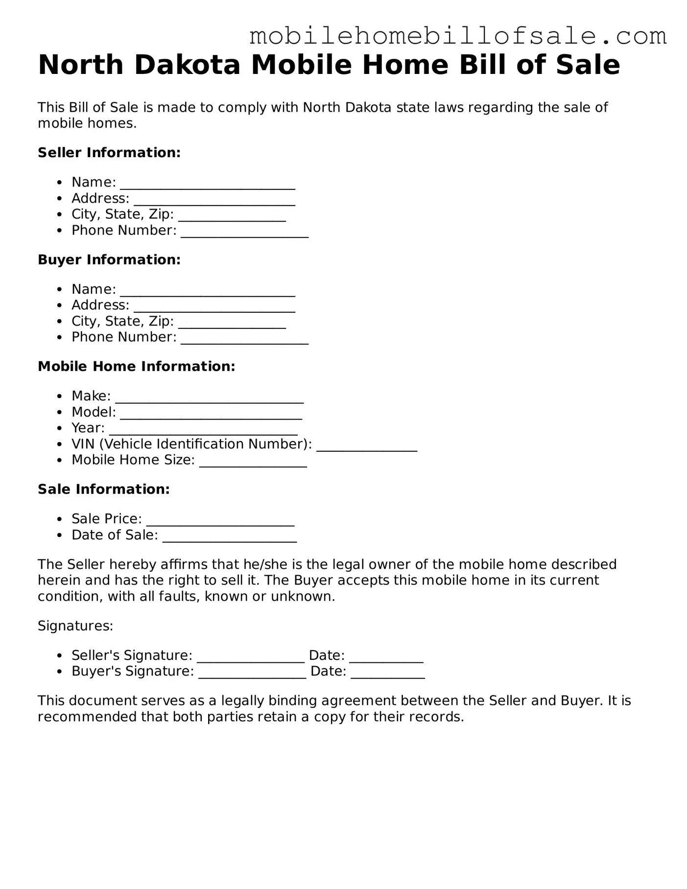 Blank North Dakota Mobile Home Bill of Sale Document