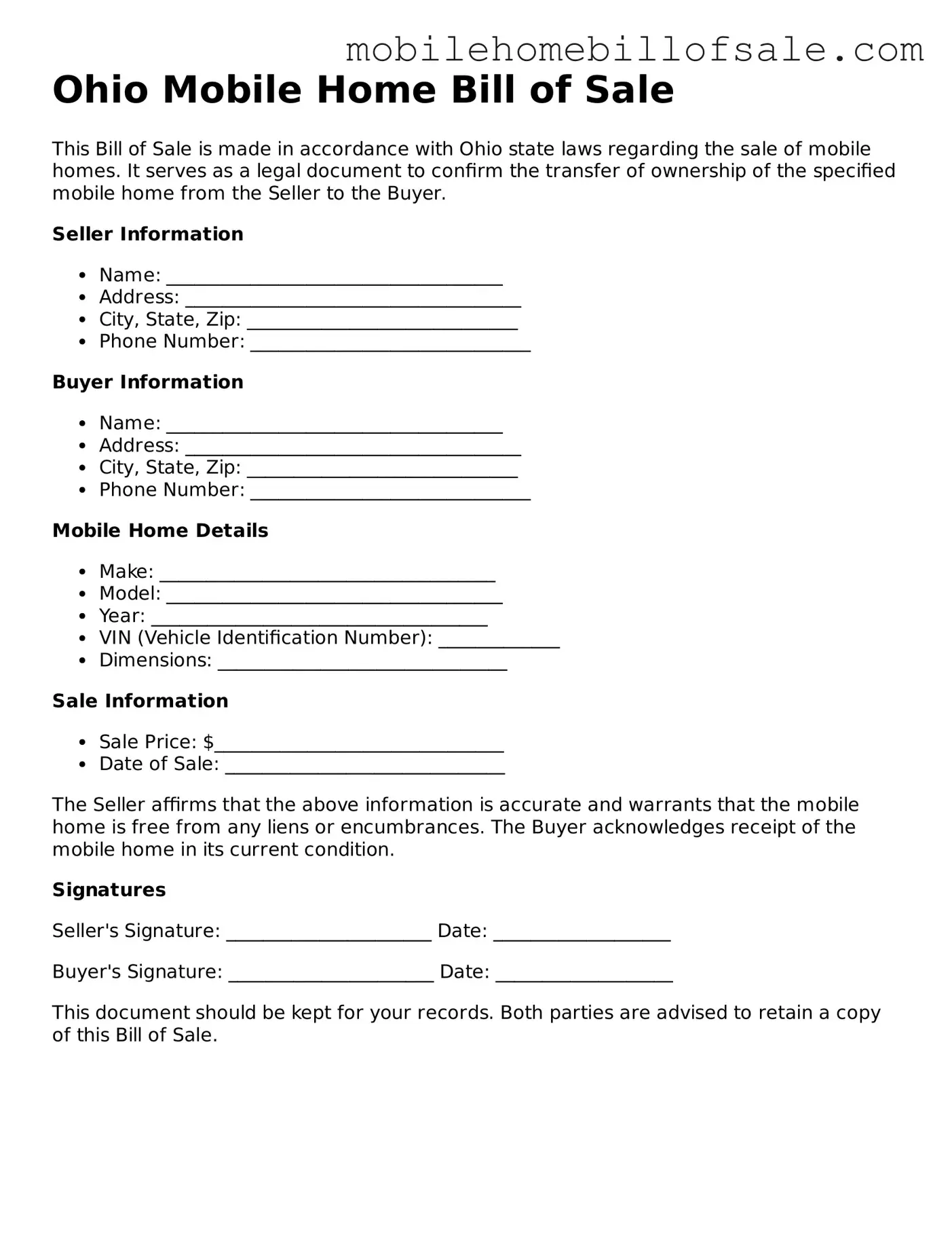 Blank Ohio Mobile Home Bill of Sale Document