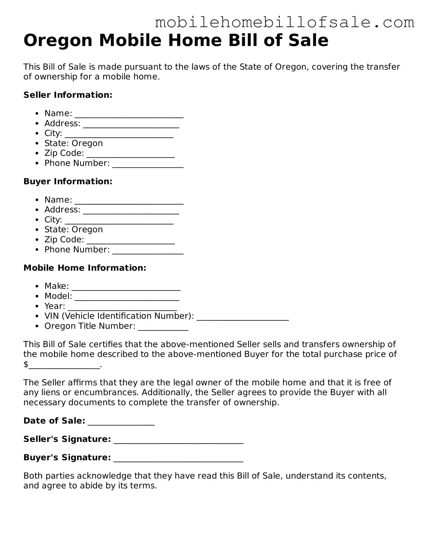 Blank Oregon Mobile Home Bill of Sale Document