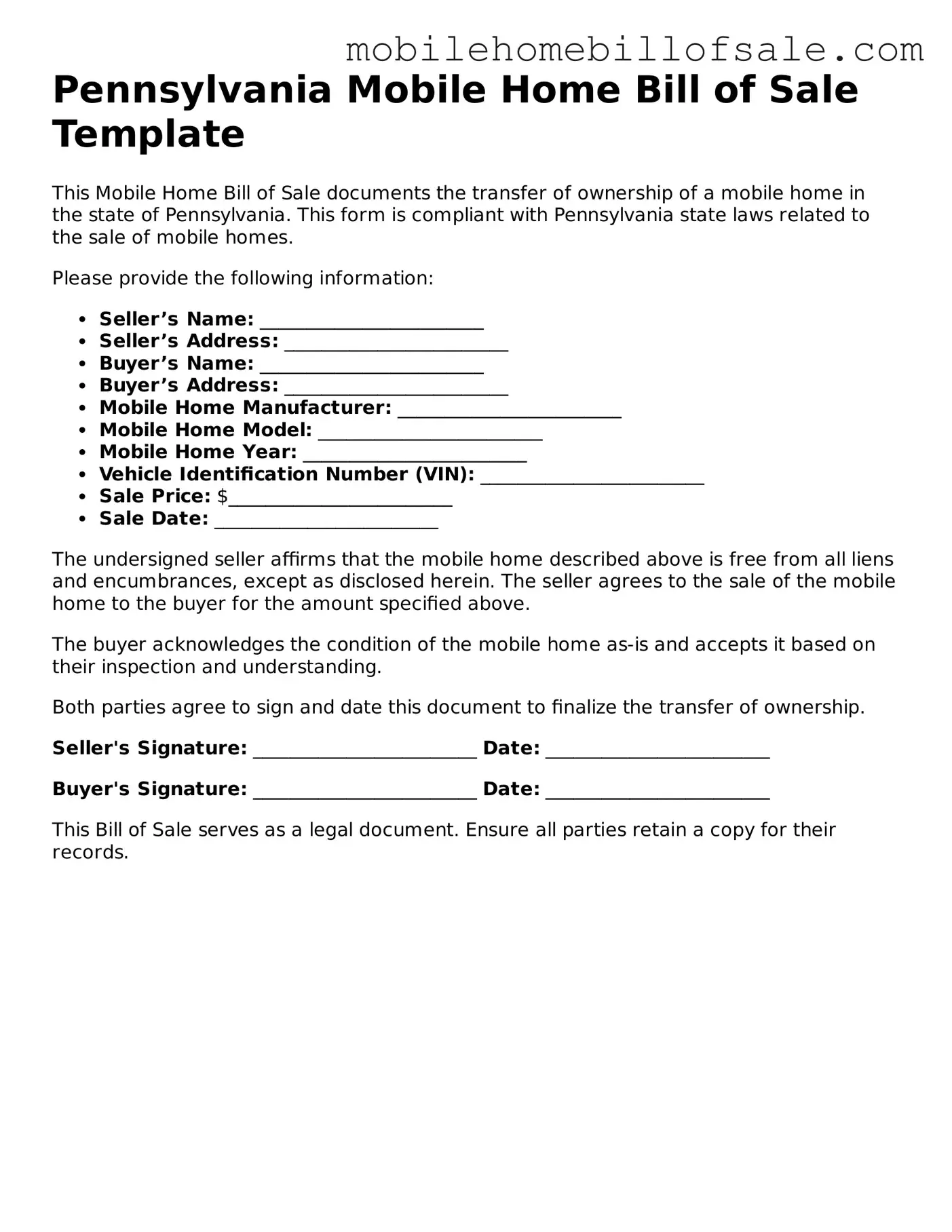 Blank Pennsylvania Mobile Home Bill of Sale Document
