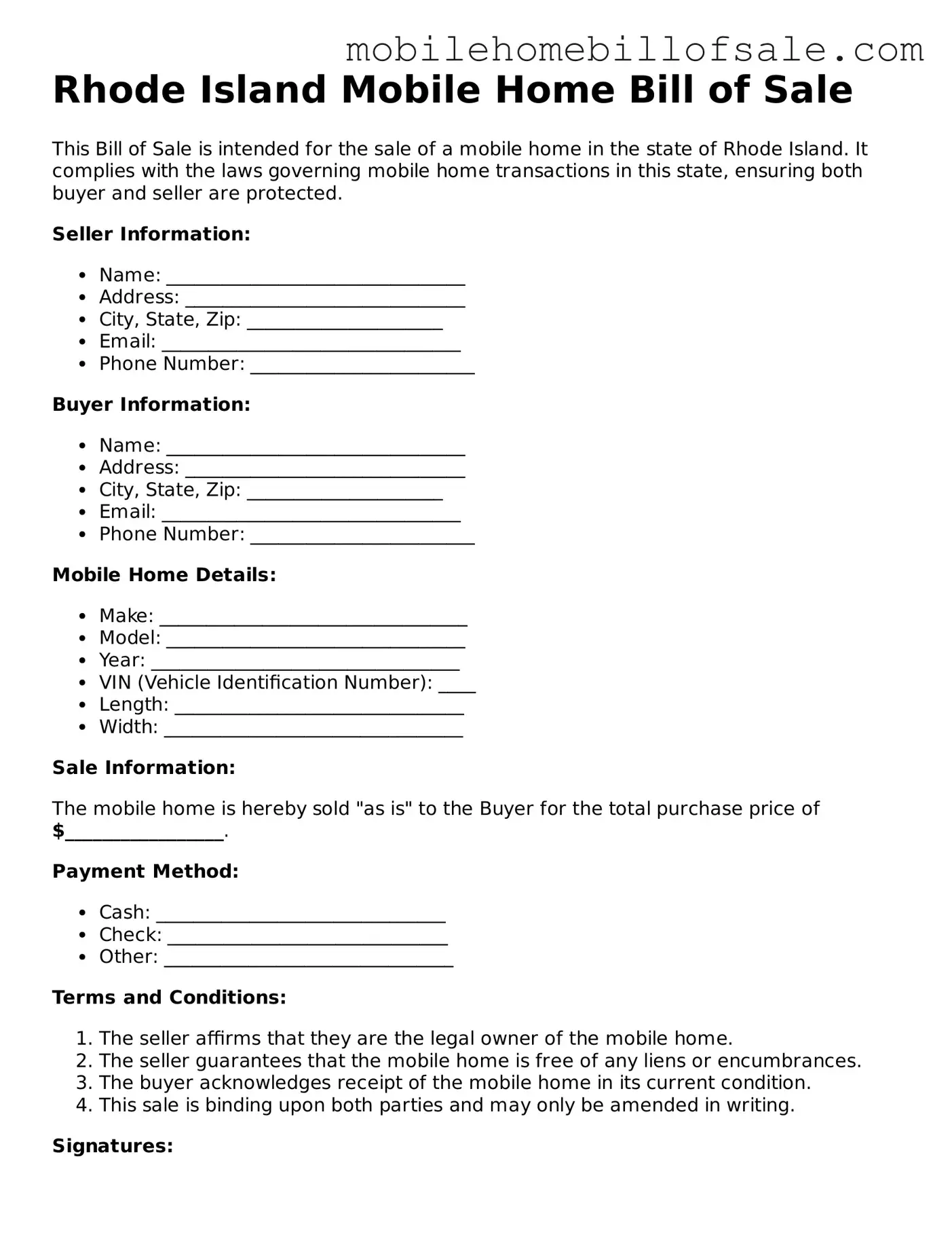 Blank Rhode Island Mobile Home Bill of Sale Document