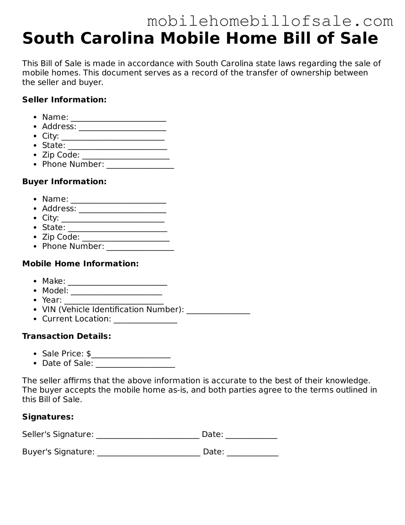Blank South Carolina Mobile Home Bill of Sale Document