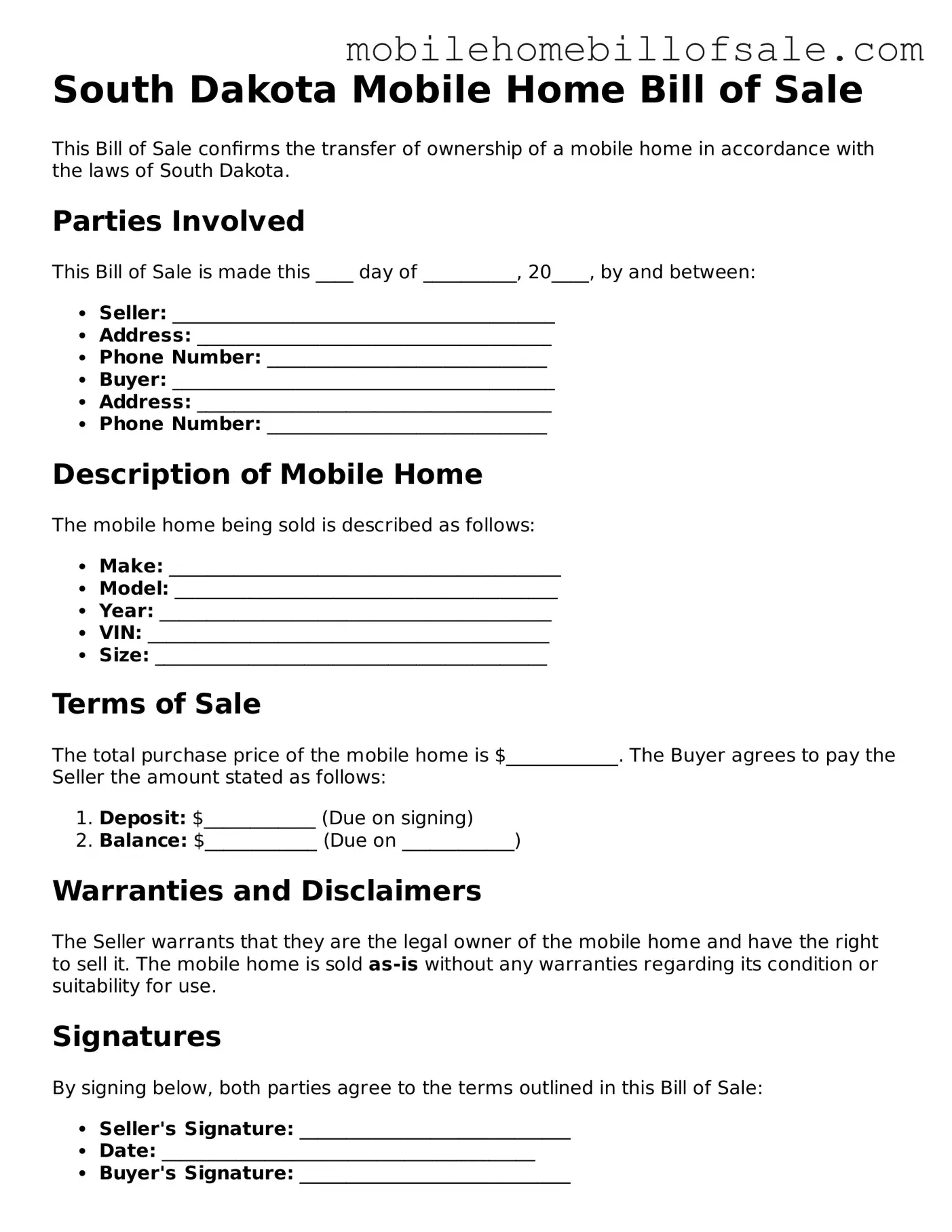 Blank South Dakota Mobile Home Bill of Sale Document