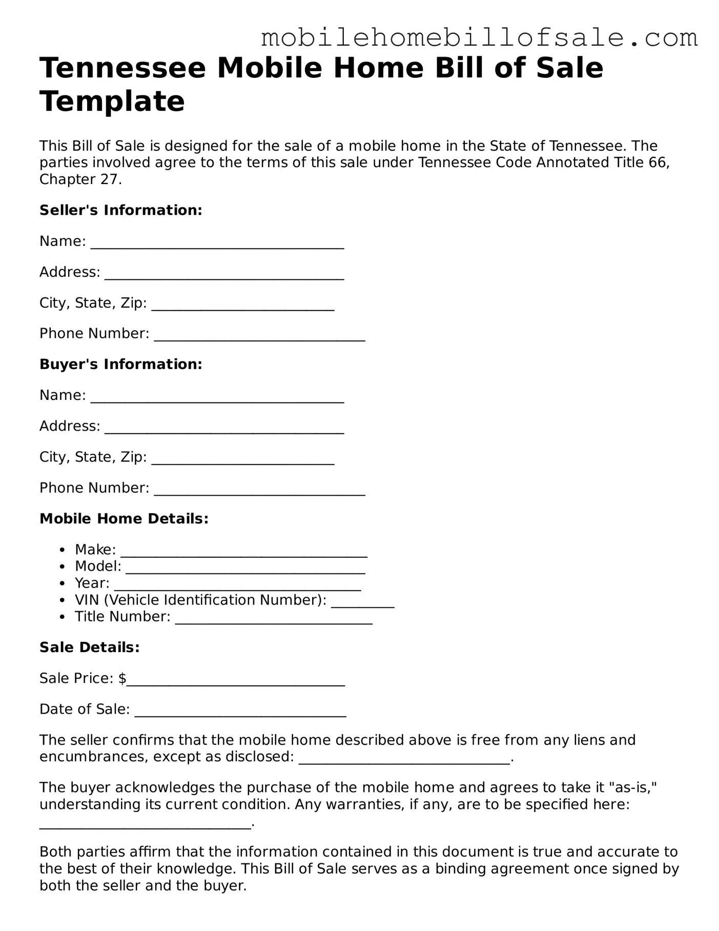 Blank Tennessee Mobile Home Bill of Sale Document