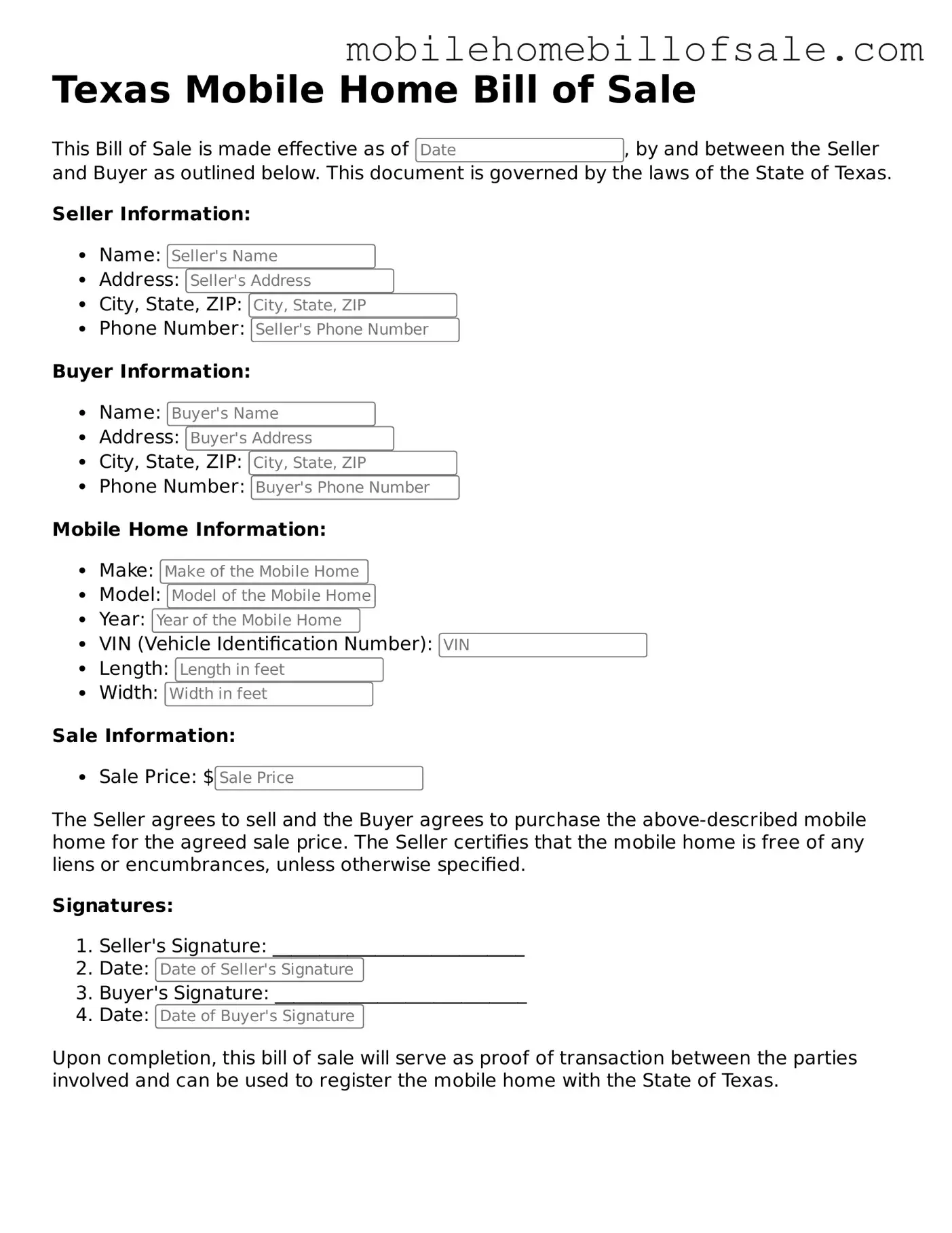 Blank Texas Mobile Home Bill of Sale Document