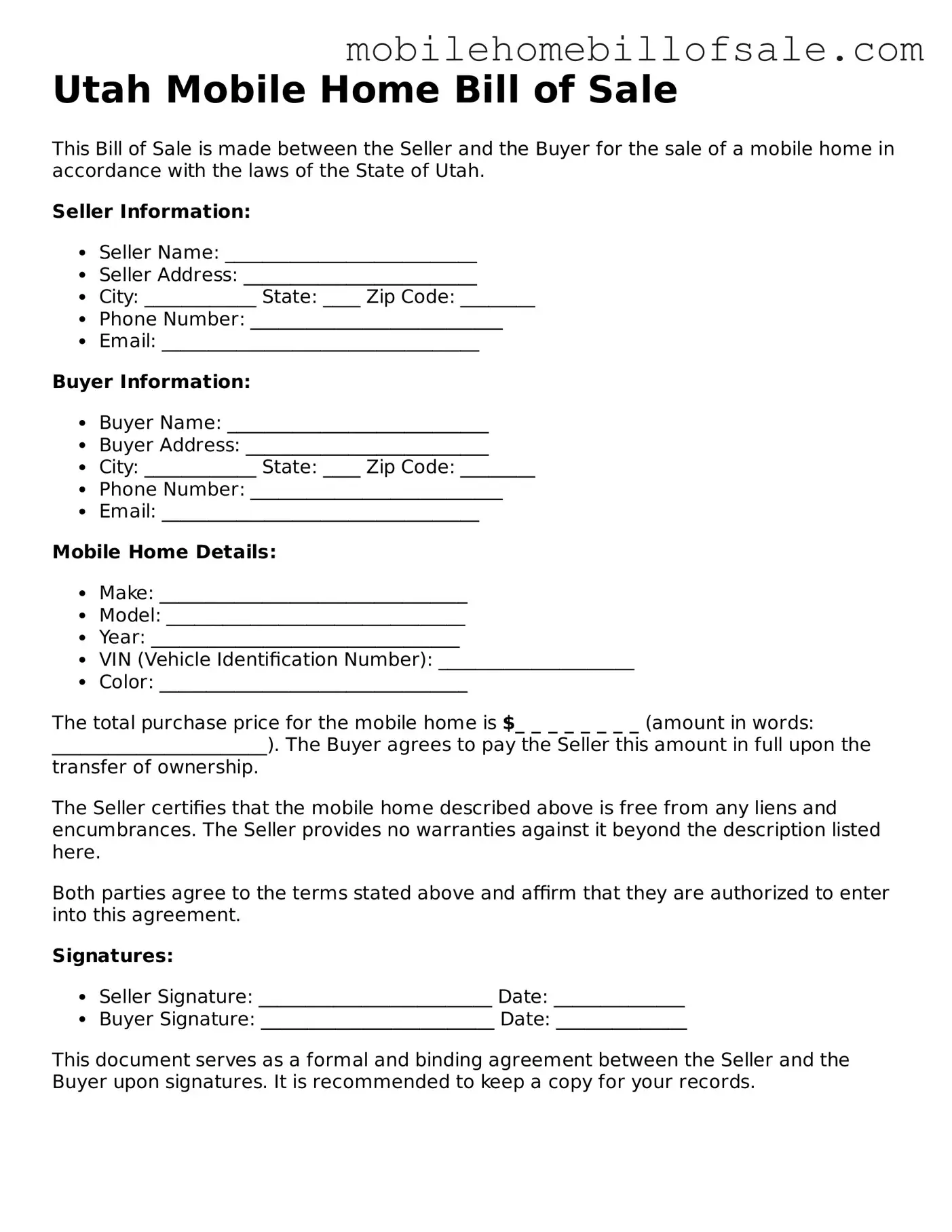 Blank Utah Mobile Home Bill of Sale Document