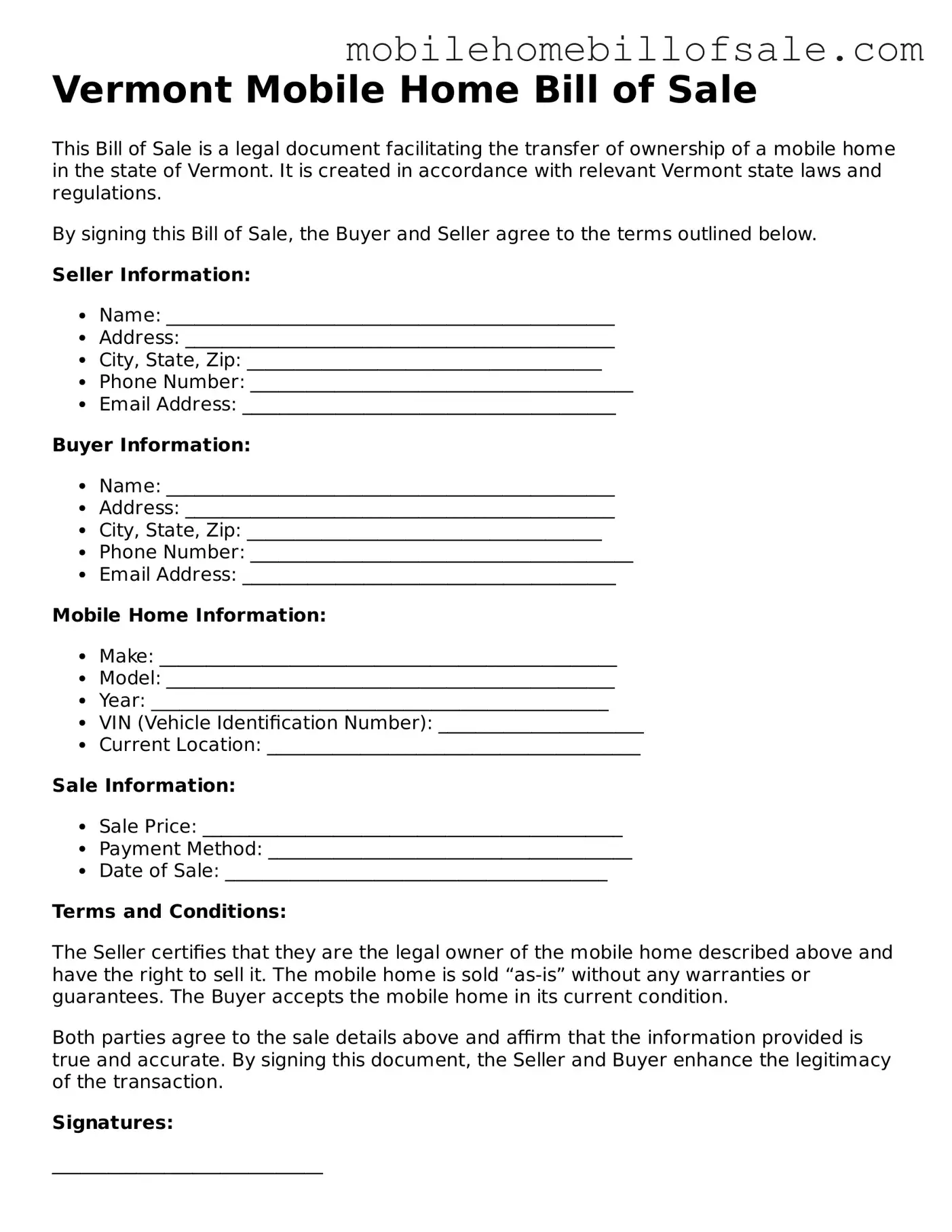 Blank Vermont Mobile Home Bill of Sale Document