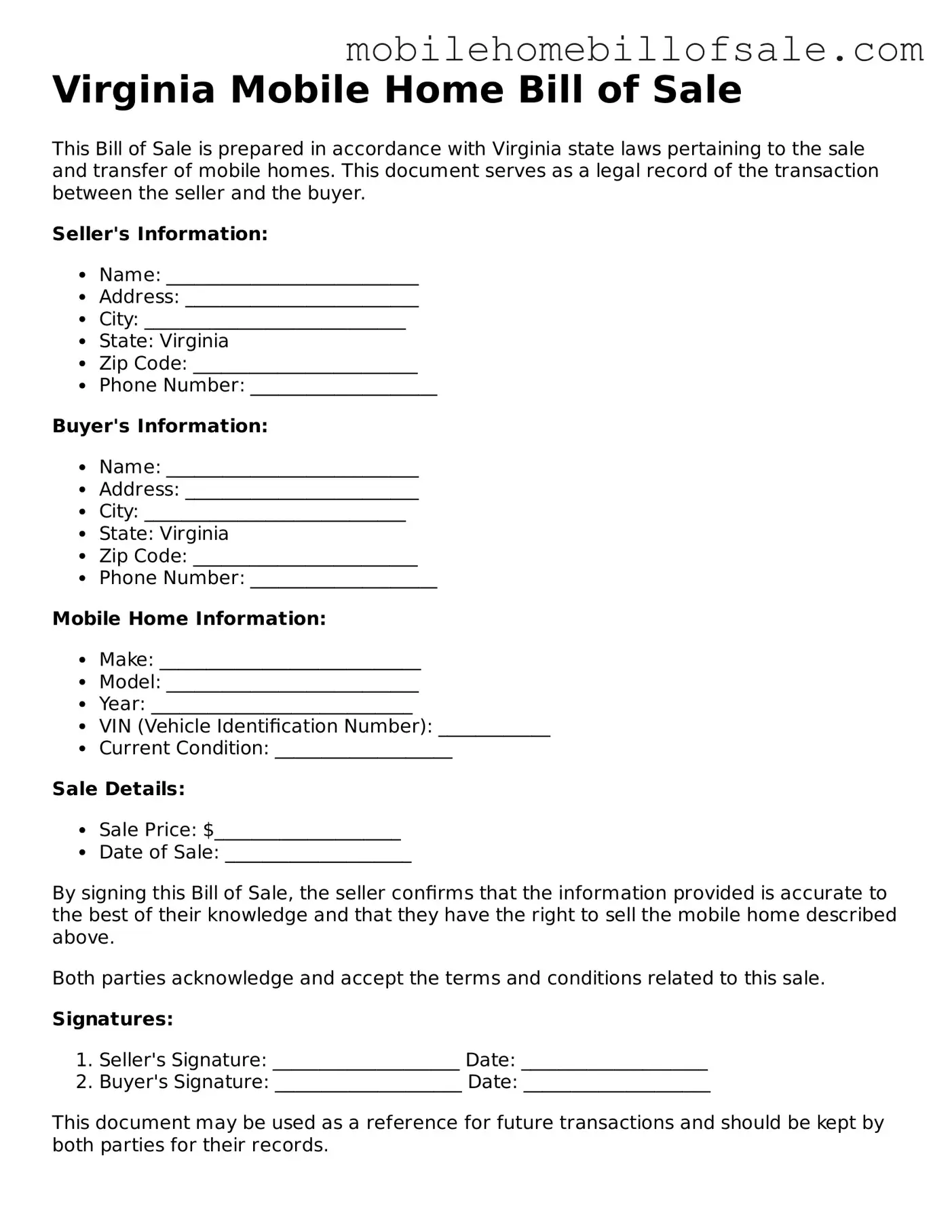 Blank Virginia Mobile Home Bill of Sale Document