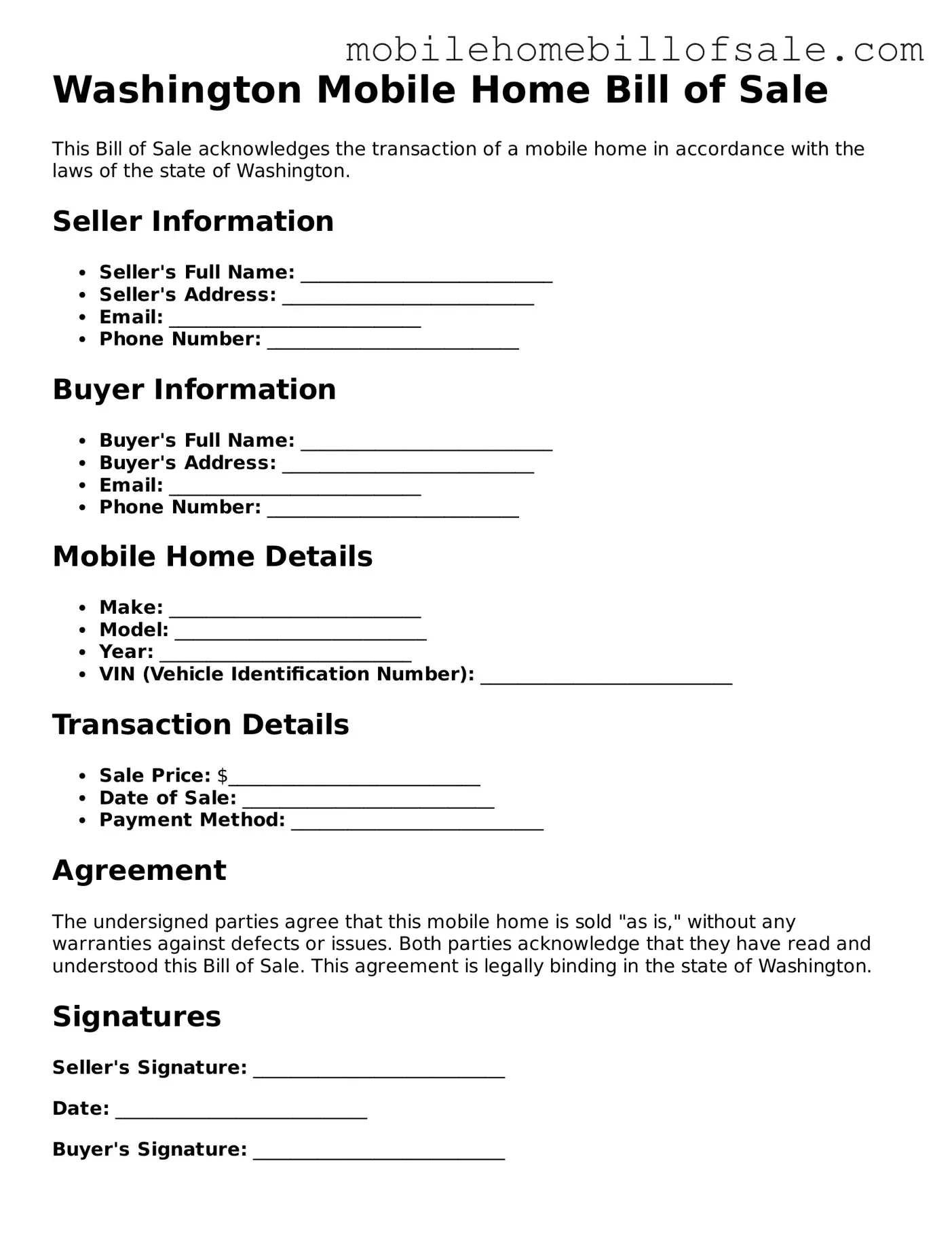 Blank Washington Mobile Home Bill of Sale Document