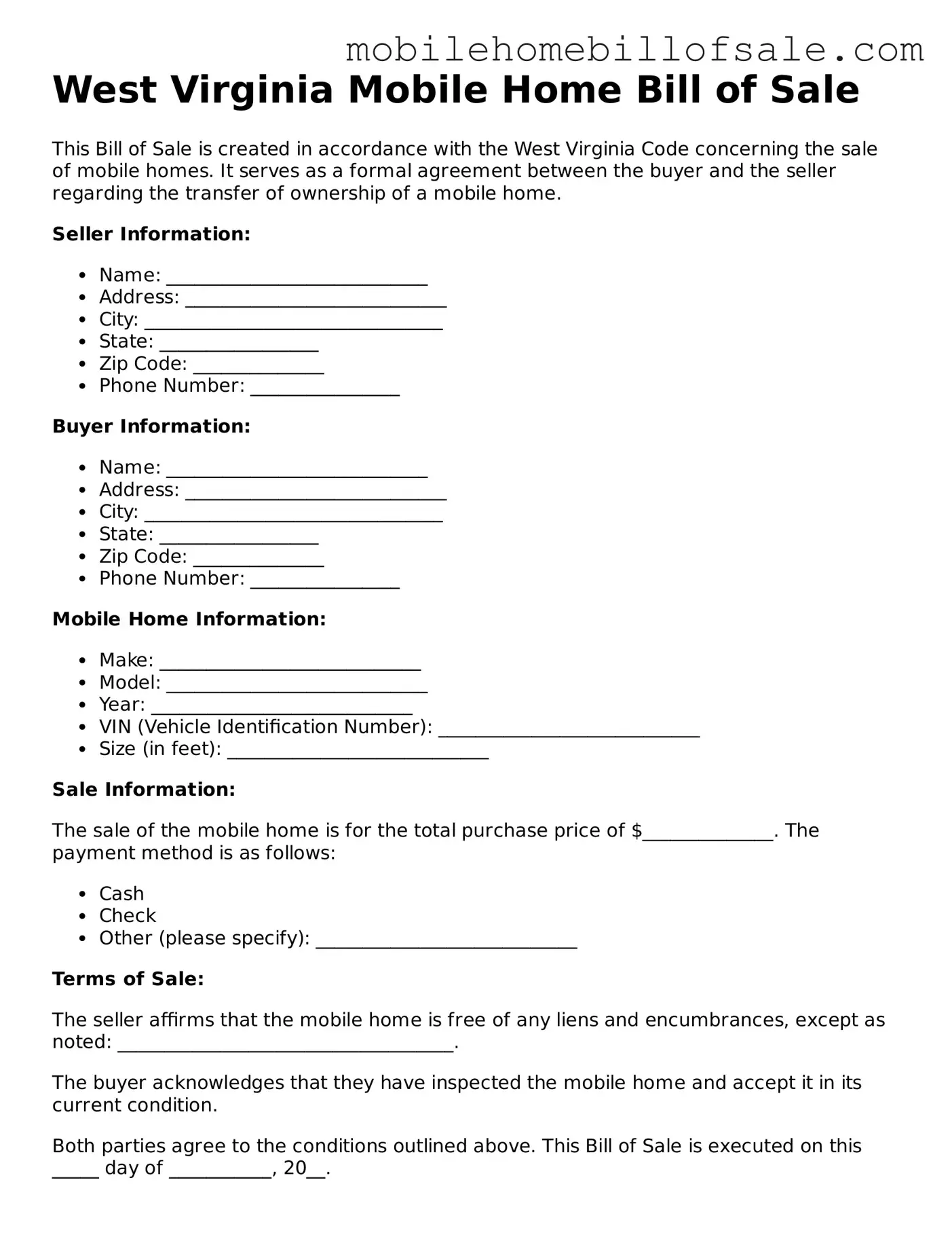 Blank West Virginia Mobile Home Bill of Sale Document