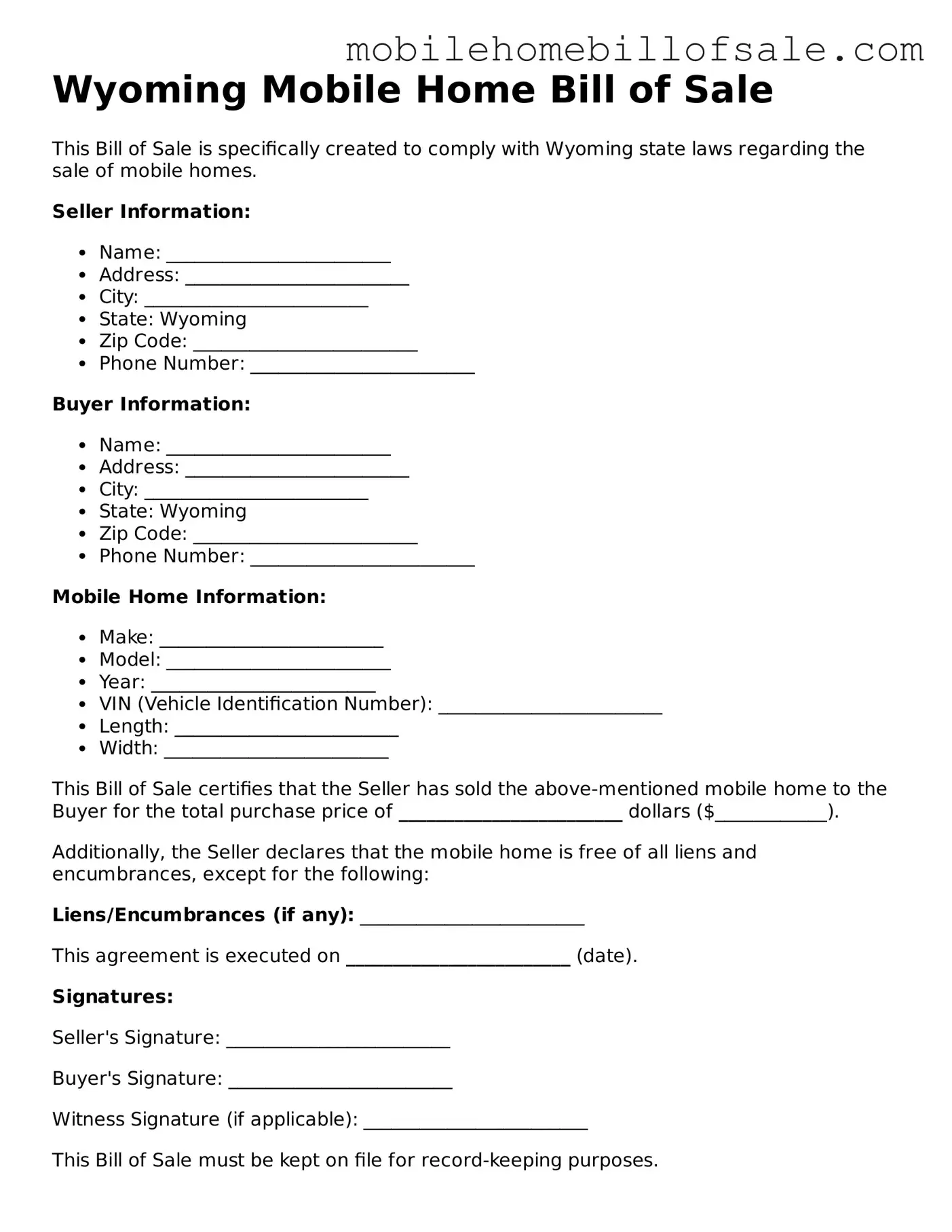 Blank Wyoming Mobile Home Bill of Sale Document